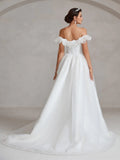 Off Shoulder Satin Bodice Contrast Organza Wedding Dress - Elonnashop