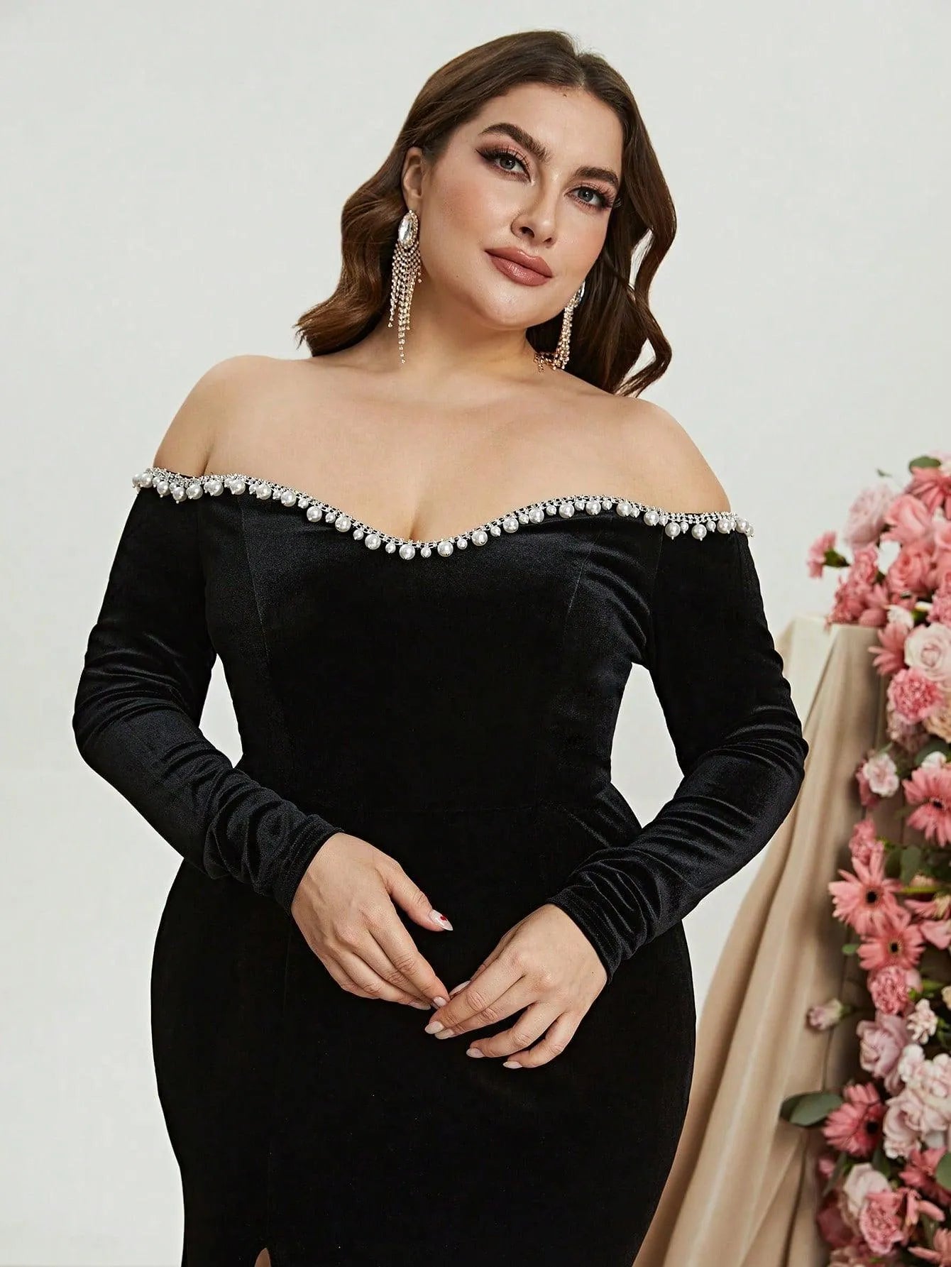 Plus Off Shoulder Split Thigh Velvet Mermaid Dress - Elonnashop