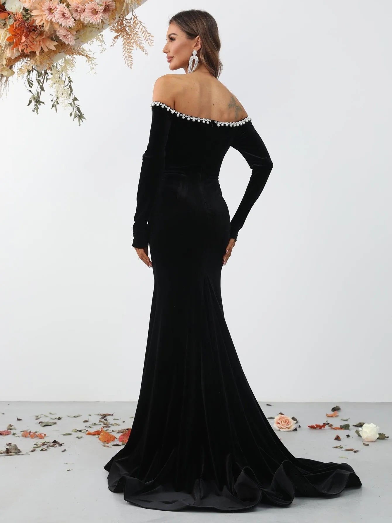 Elegant Off Shoulder Long Sleeve Slit Mermaid Dresses - Elonnashop