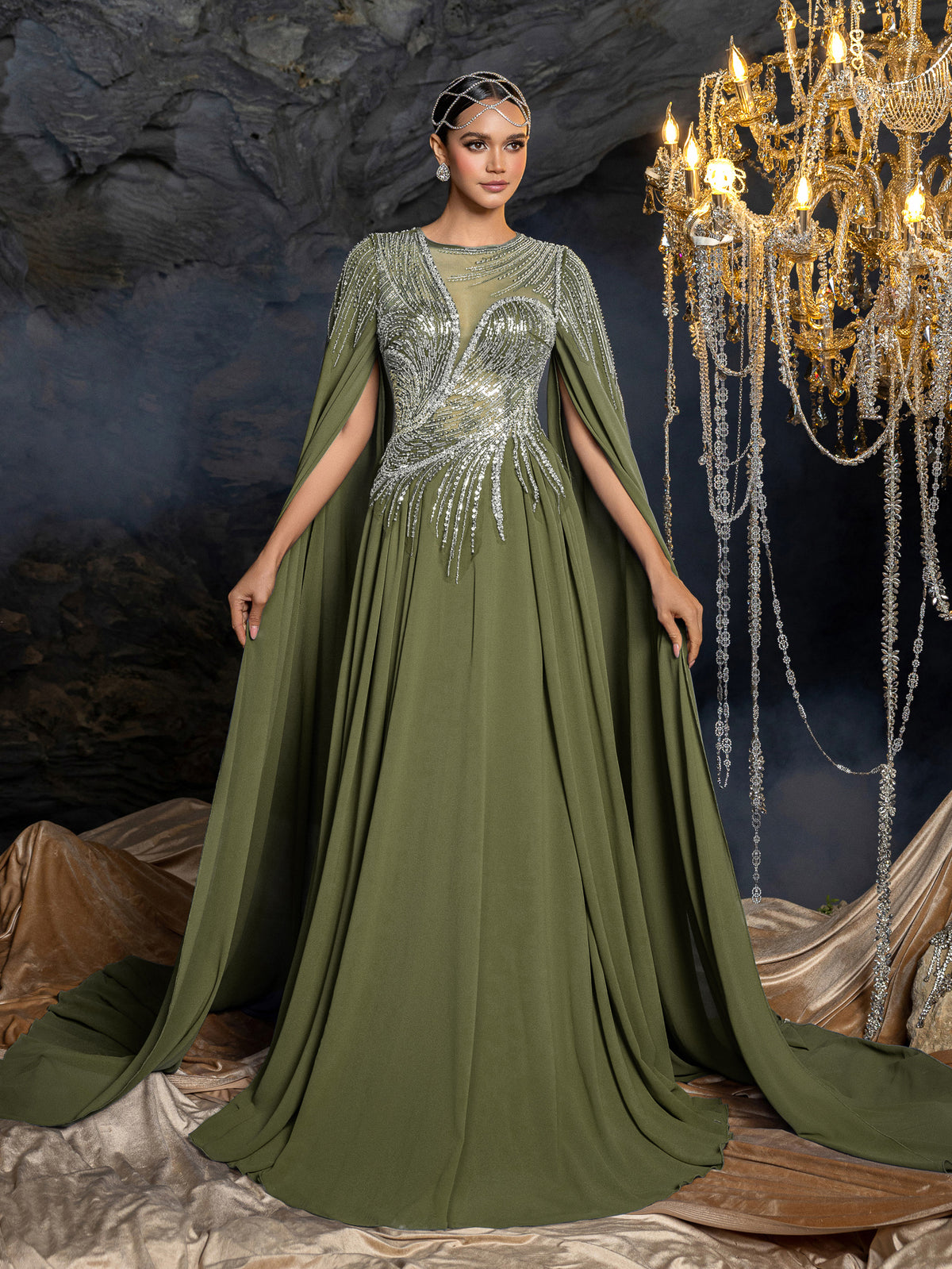 Elegant Cape Sleeve Evening Gown with Beaded Floral Embroidered Bodice & Flowing Train