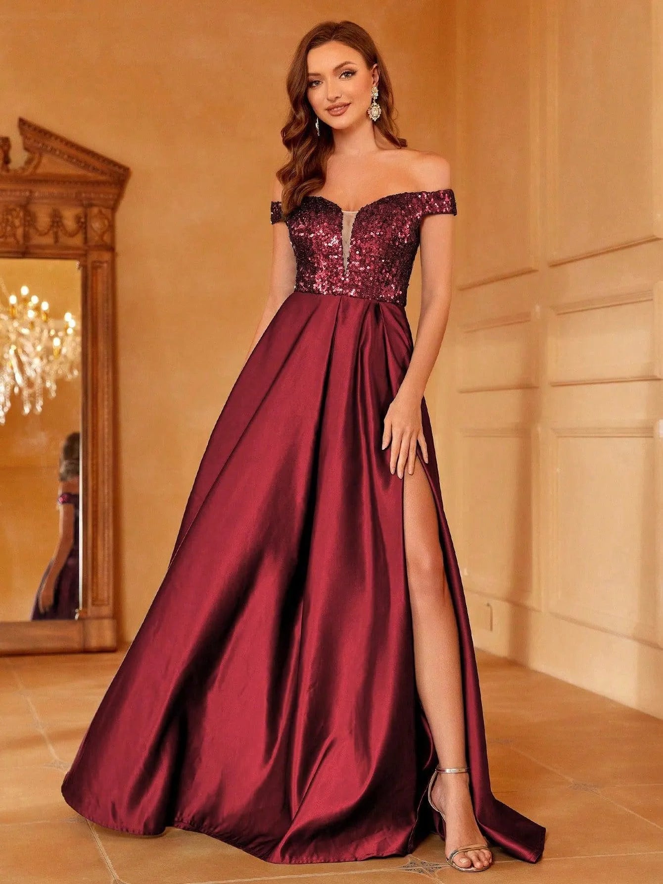 Off Shoulder Contrast Sequin Satin Prom Dress - Elonnashop