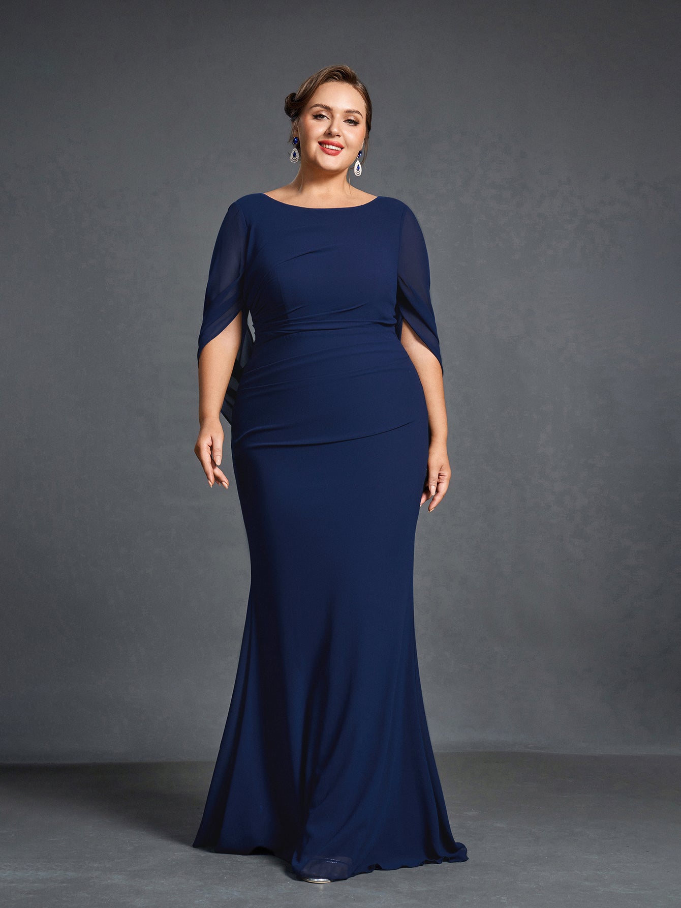 Plus Womens' Draped Back Mermaid Hem Chiffon Formal Dress