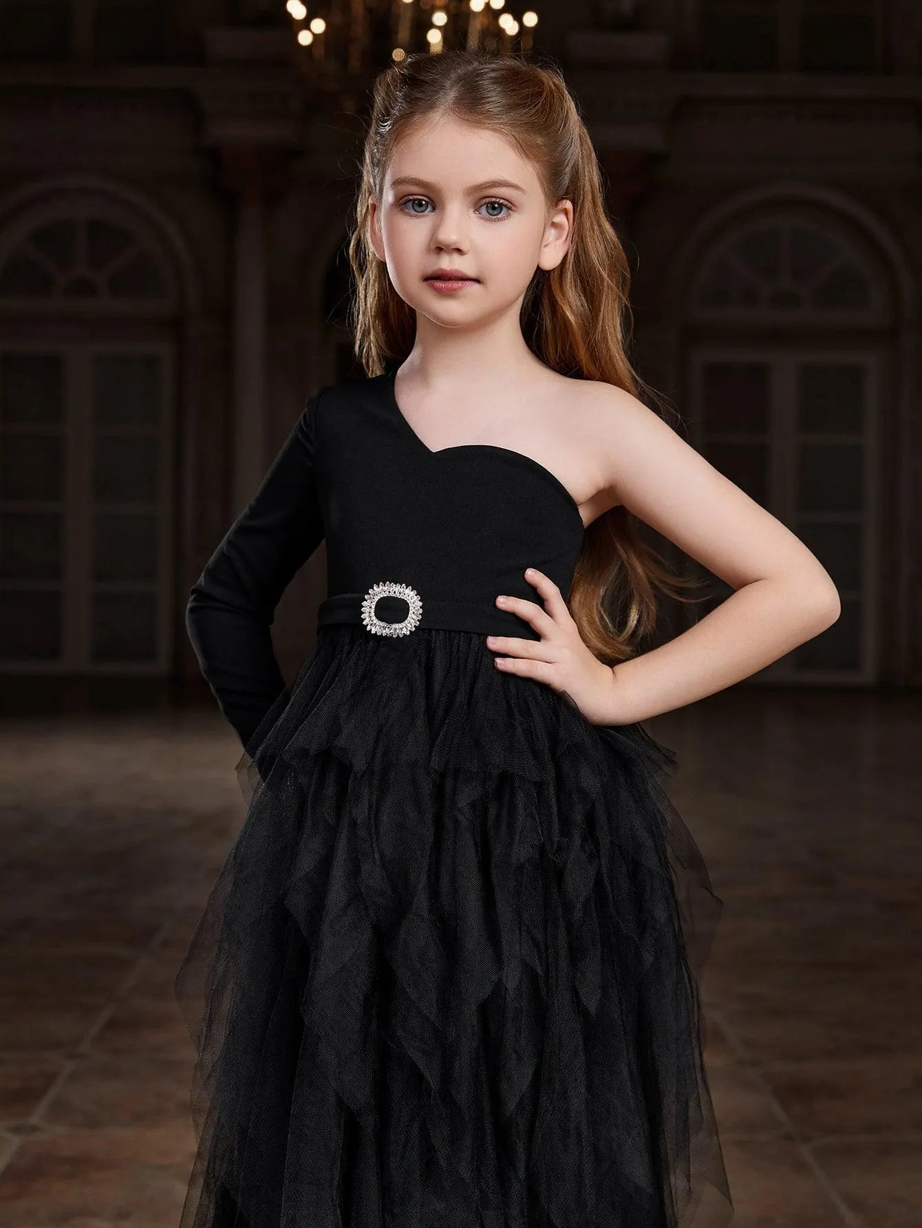 Tween Girls' Asymmetrical Neck Mesh Overlay Party Dress - Elonnashop