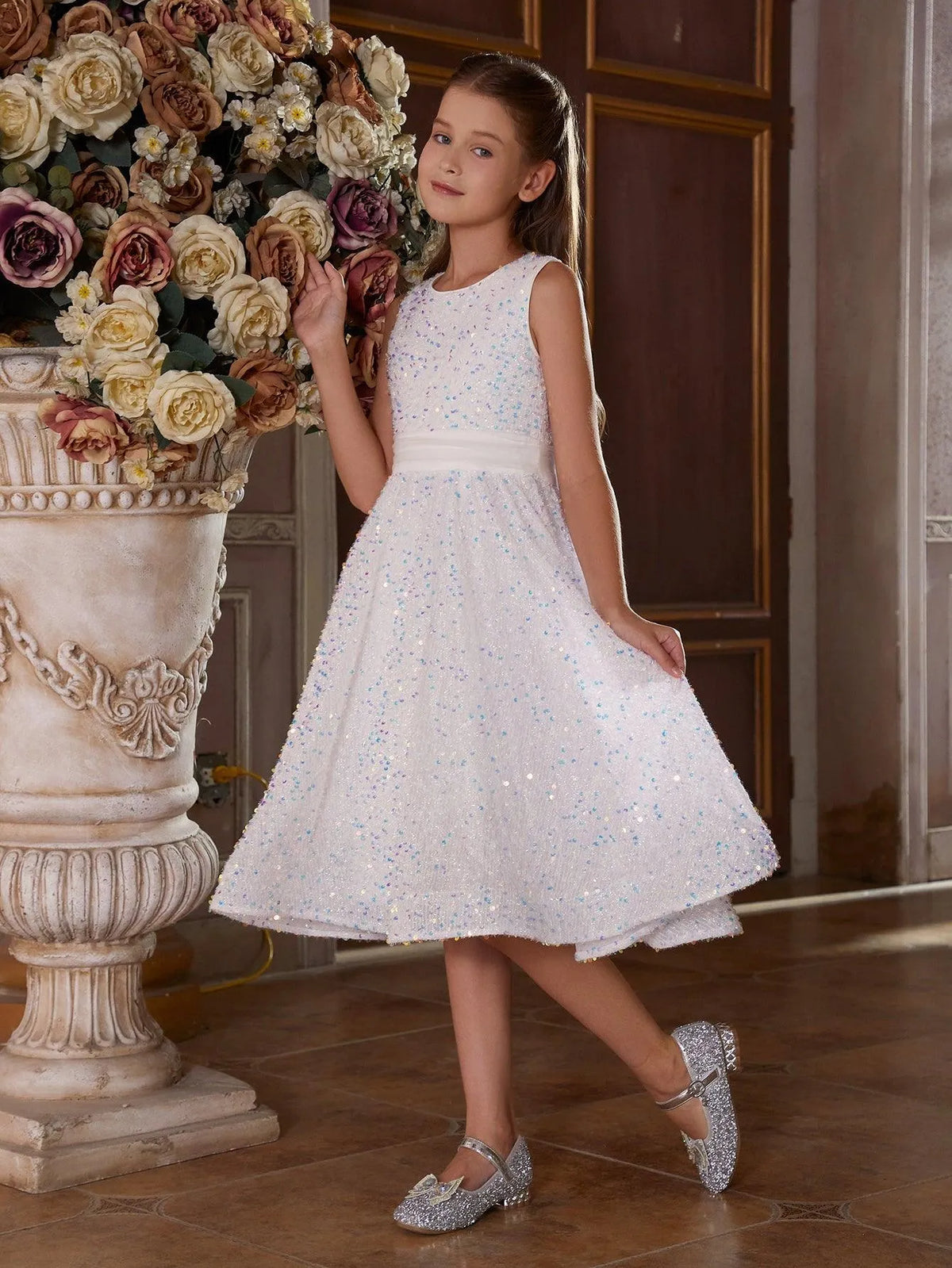 Tween Girls' Bow Back Sleeveless Sequin A Line Dress - Elonnashop