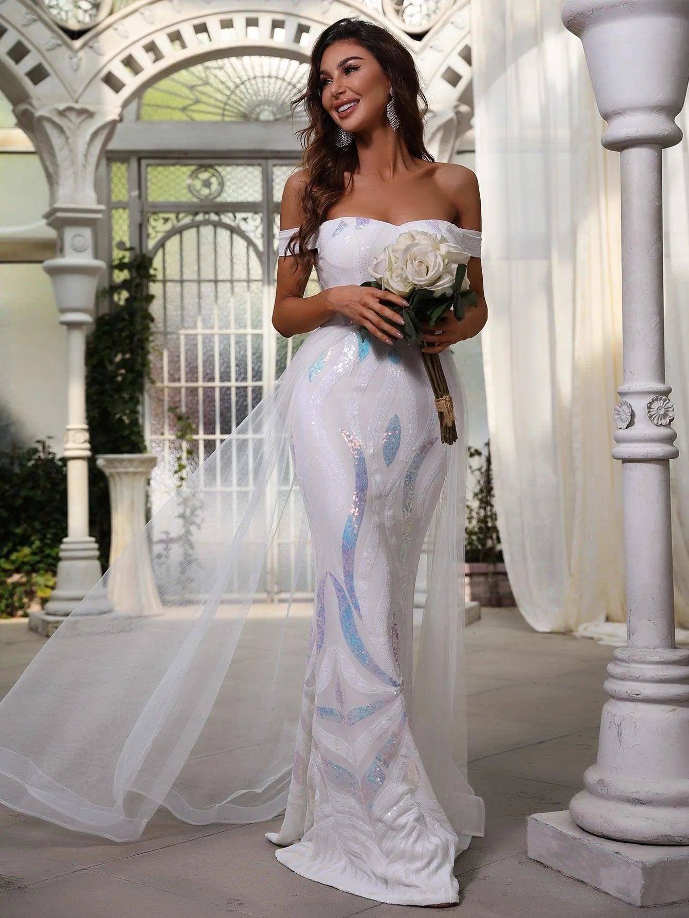 Off Shoulder Sequin Mermaid Hem Wedding Dresses - Elonnashop