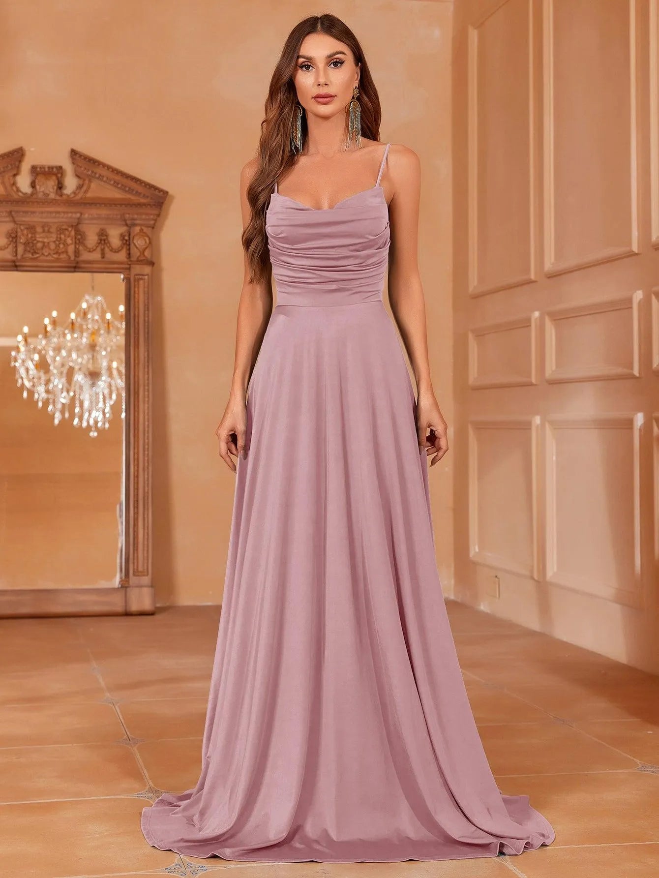 Elegant Ruched Draped Collar Cami Bridesmaid Dress - Elonnashop