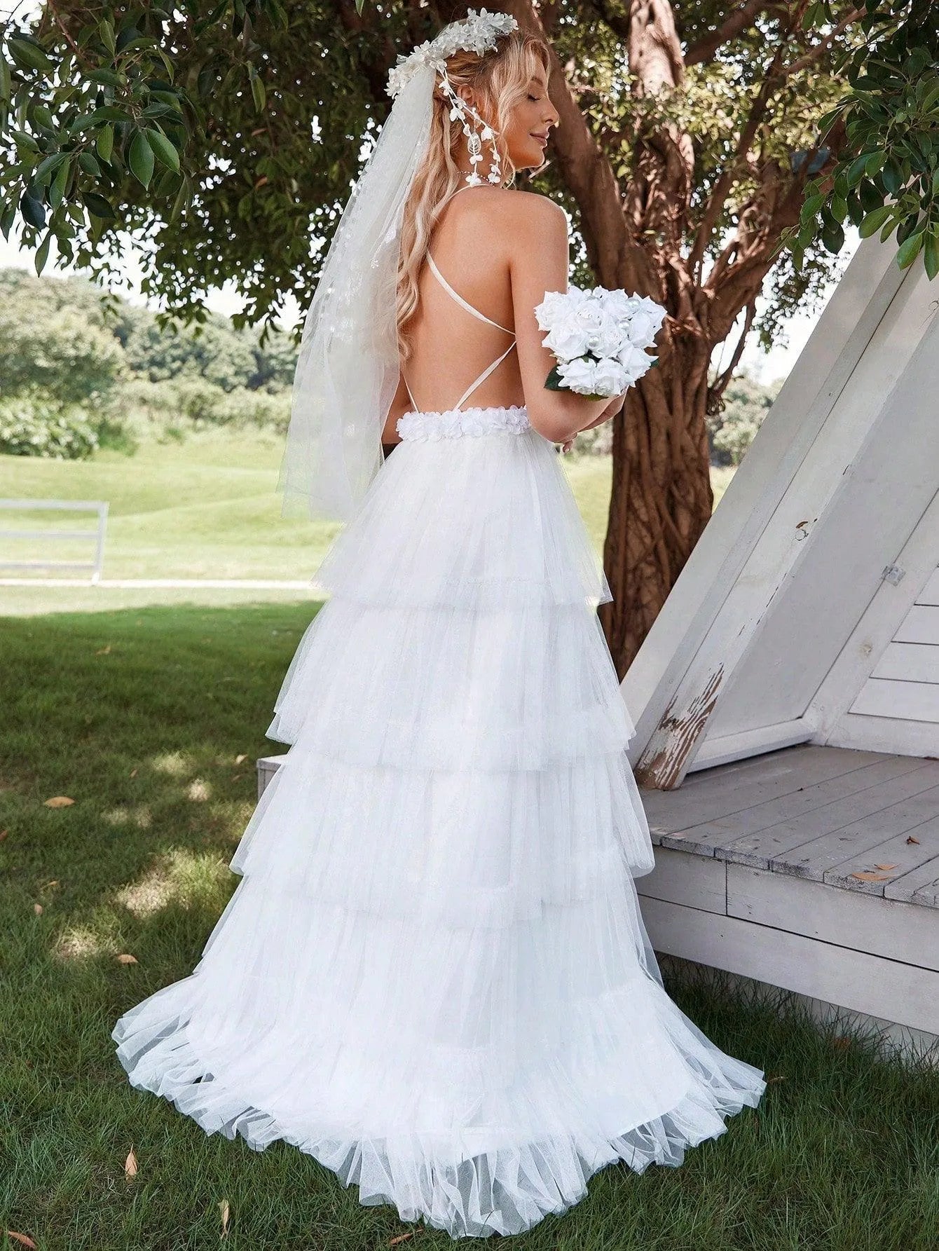 Cascading Ruffle Mesh Cami Wedding Dresses（Headpiece Not Included） - Elonnashop