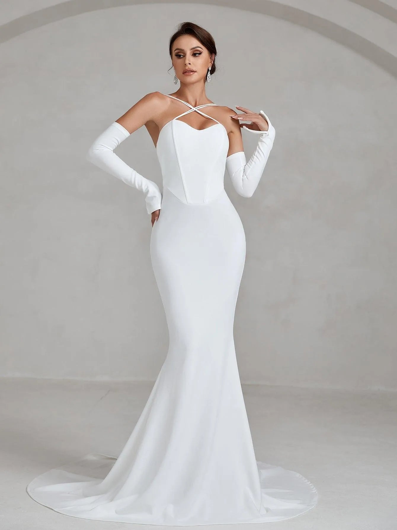 Crisscross Halter Neck Mermaid Hem Wedding Dress - Elonnashop