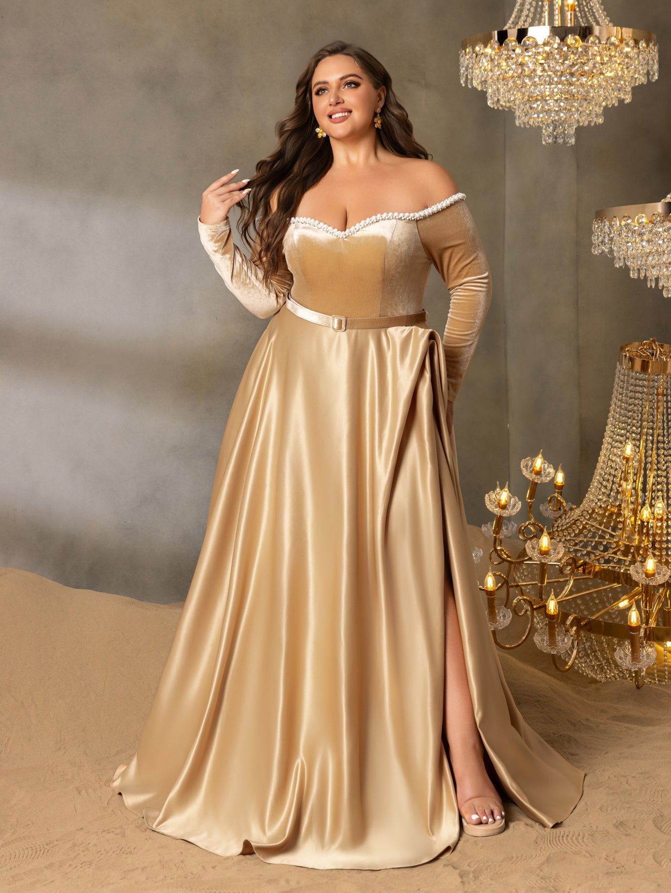 Plus Women's Pearl Accented Off-The-Shoulder Formal Gown | Long Sleeves | Defined Waist Belt | Full Flared Skirt
