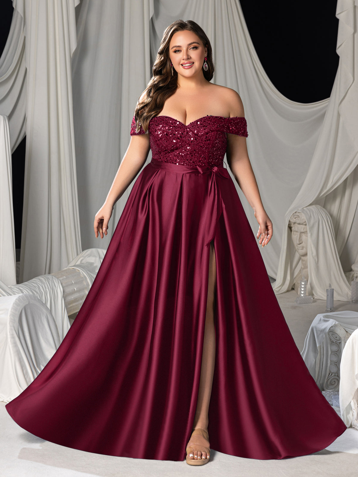 Plus Elegant Off-Shoulder Evening Gown with Sequin Embellishments – High Slit Satin Skirt & Back Zipper for Luxury Weddings or Evening Glam
