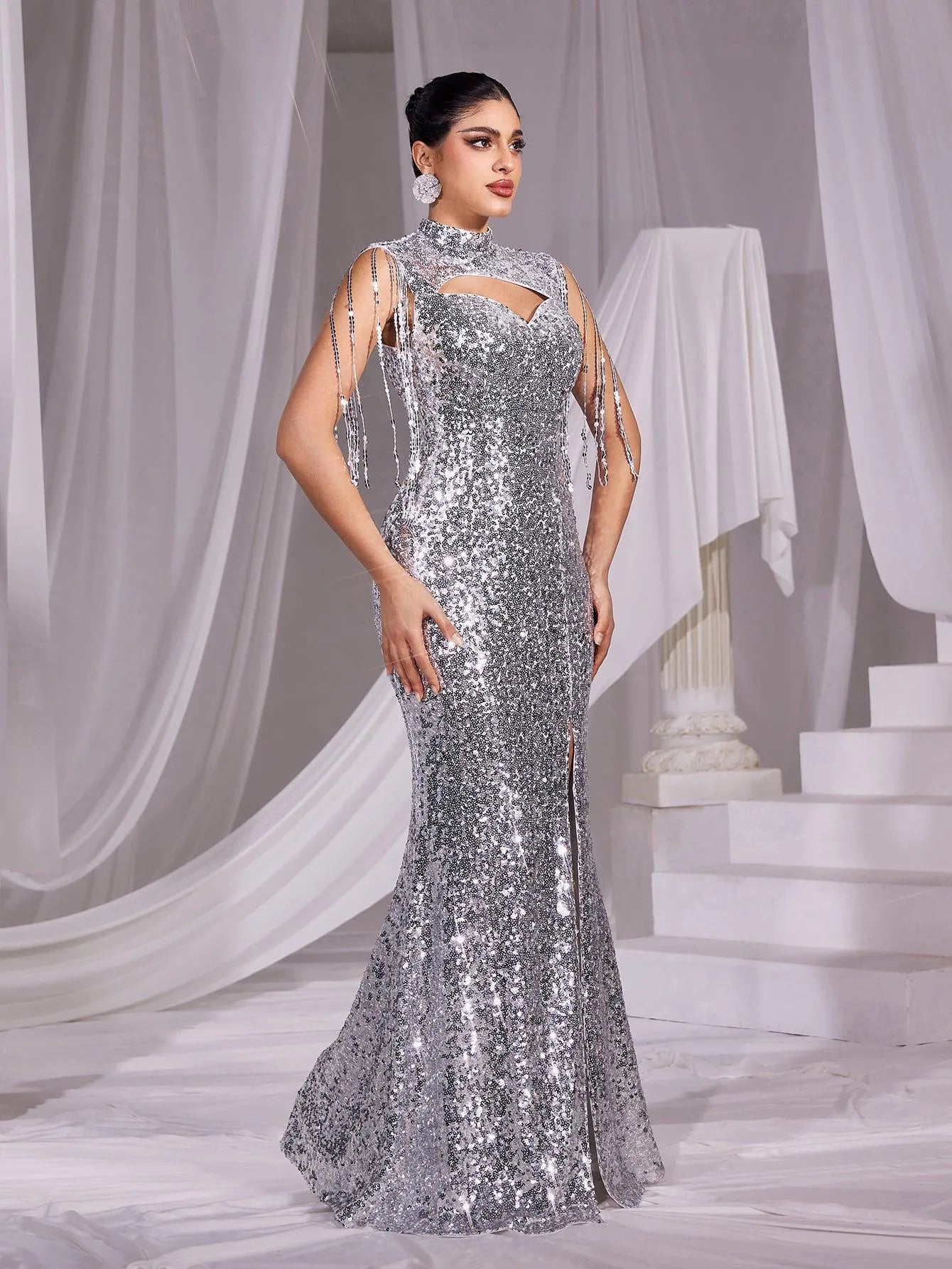 Sequin Mock Neck Mermaid Hem Evening Dress - Elonnashop