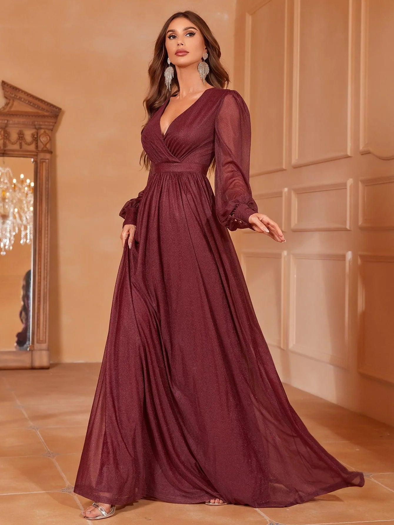 Elegant V Neck Lantern Sleeves Maxi A Line Dress - Elonnashop