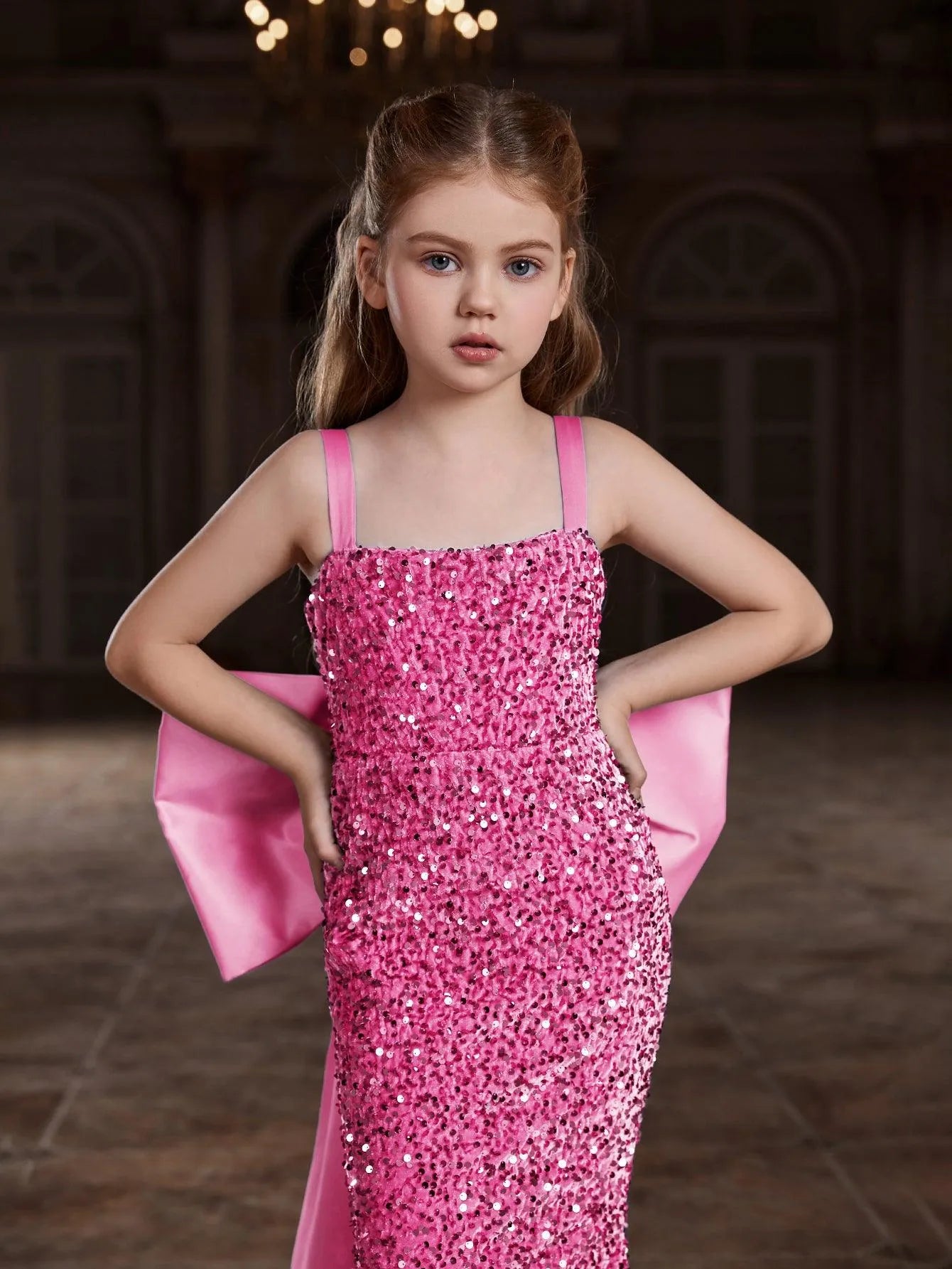 Tween Girls' Square Collar Sequin Mermaid Dress With Big Bow - Elonnashop