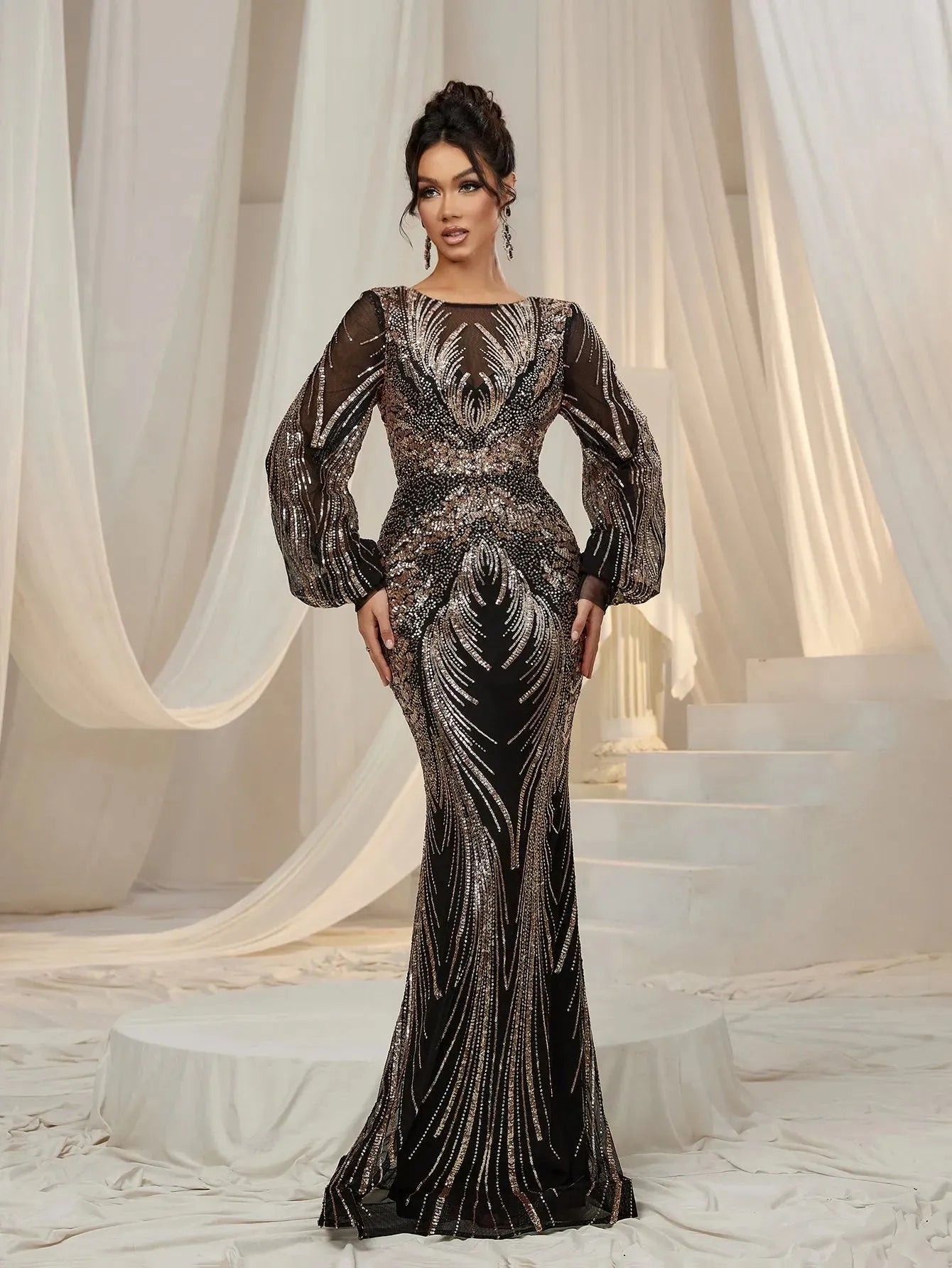 Gorgeous Lantern Sleeves Mermaid Hem Graphic Sequin Evening Dress