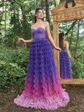 Gorgeous Lace Bodice Ombre Cascading Ruffle Hem Prom Tube Dress