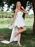 Balloon Hem Satin Tube Wedding Dress With Big Bow - Elonnashop