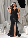 Plus asymmetrisches Abendkleid mit Schlitz am Oberschenkel und Pailletten