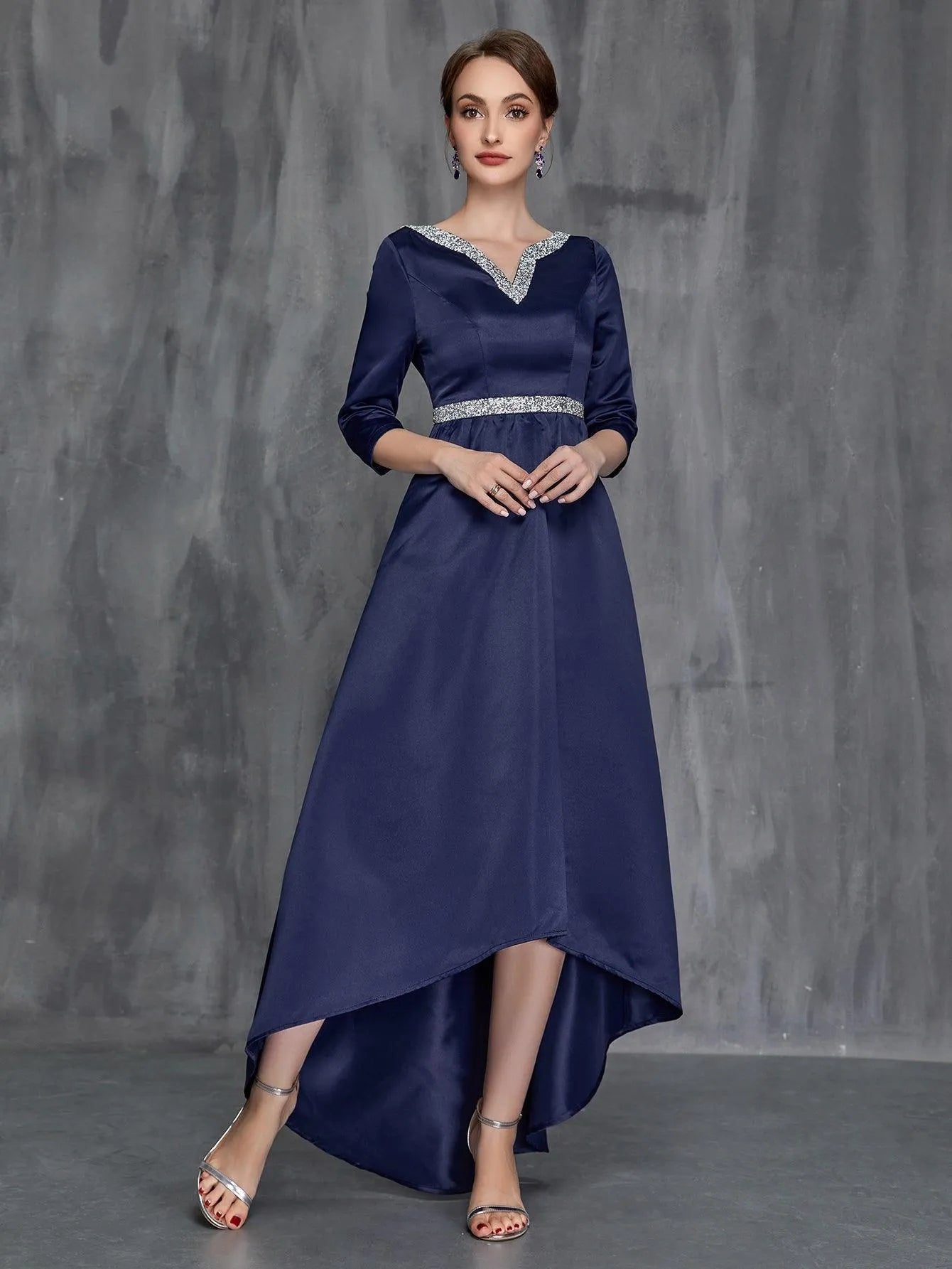 Womens' Notched Neck High Low Hem Satin Formal Dress - Elonnashop