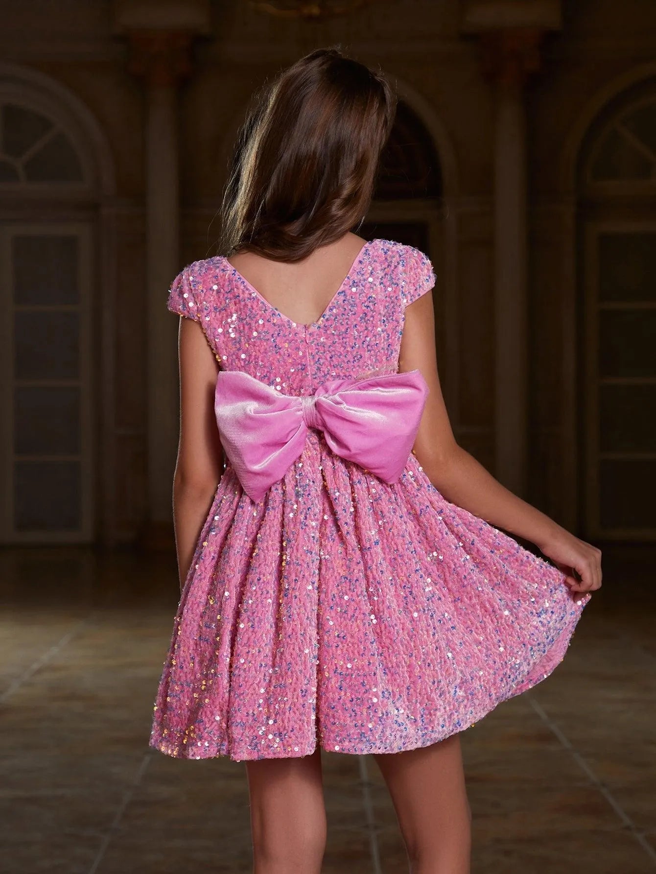 Tween Girls' Bow Back Sequin A Line Dress - Elonnashop