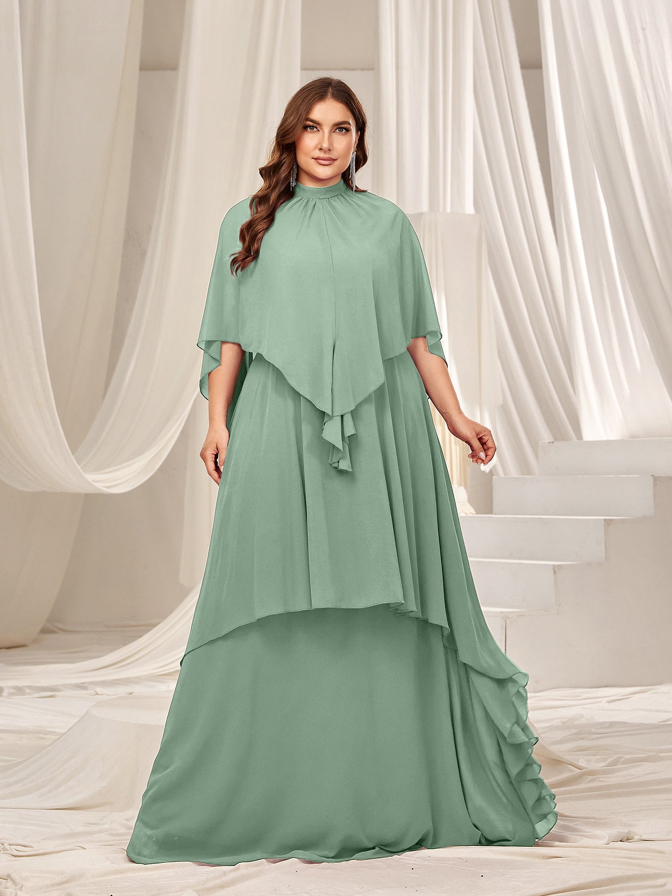 Plus Mock Neck Layered Hem Chiffon Evening Dress