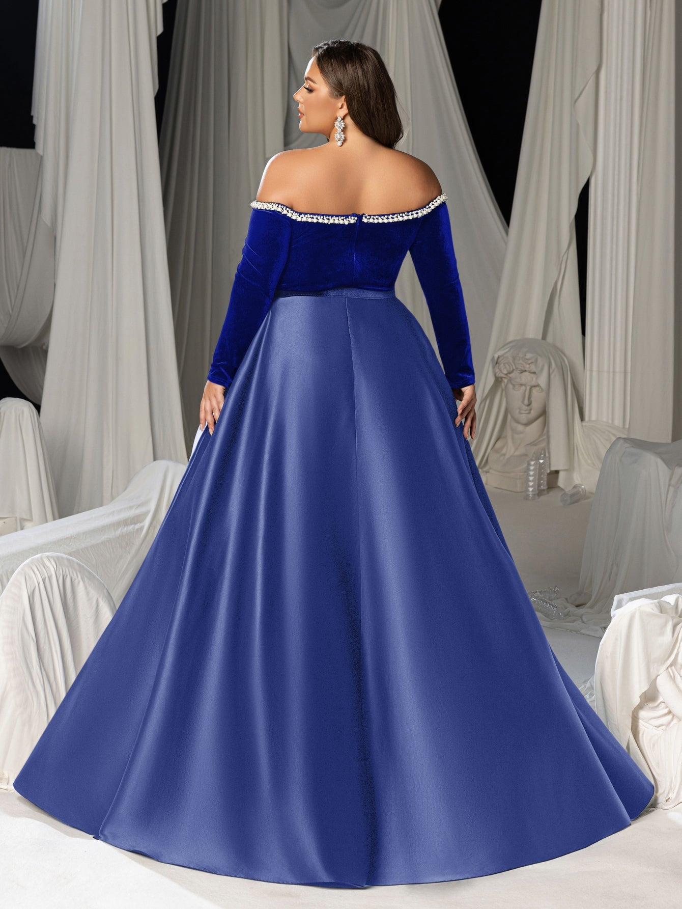 Plus Women's Pearl Accented Off-The-Shoulder Formal Gown | Long Sleeves | Defined Waist Belt | Full Flared Skirt