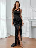 One Shoulder Cut Out Front Slit Satin Dress - Elonnashop