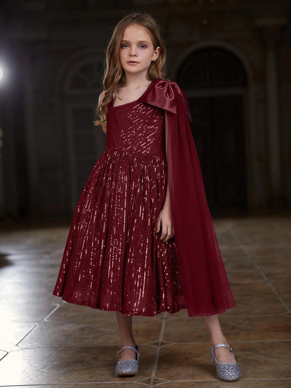 Tween Girls' Bow Detail Draped Side Sequin Midi Dress - Elonnashop