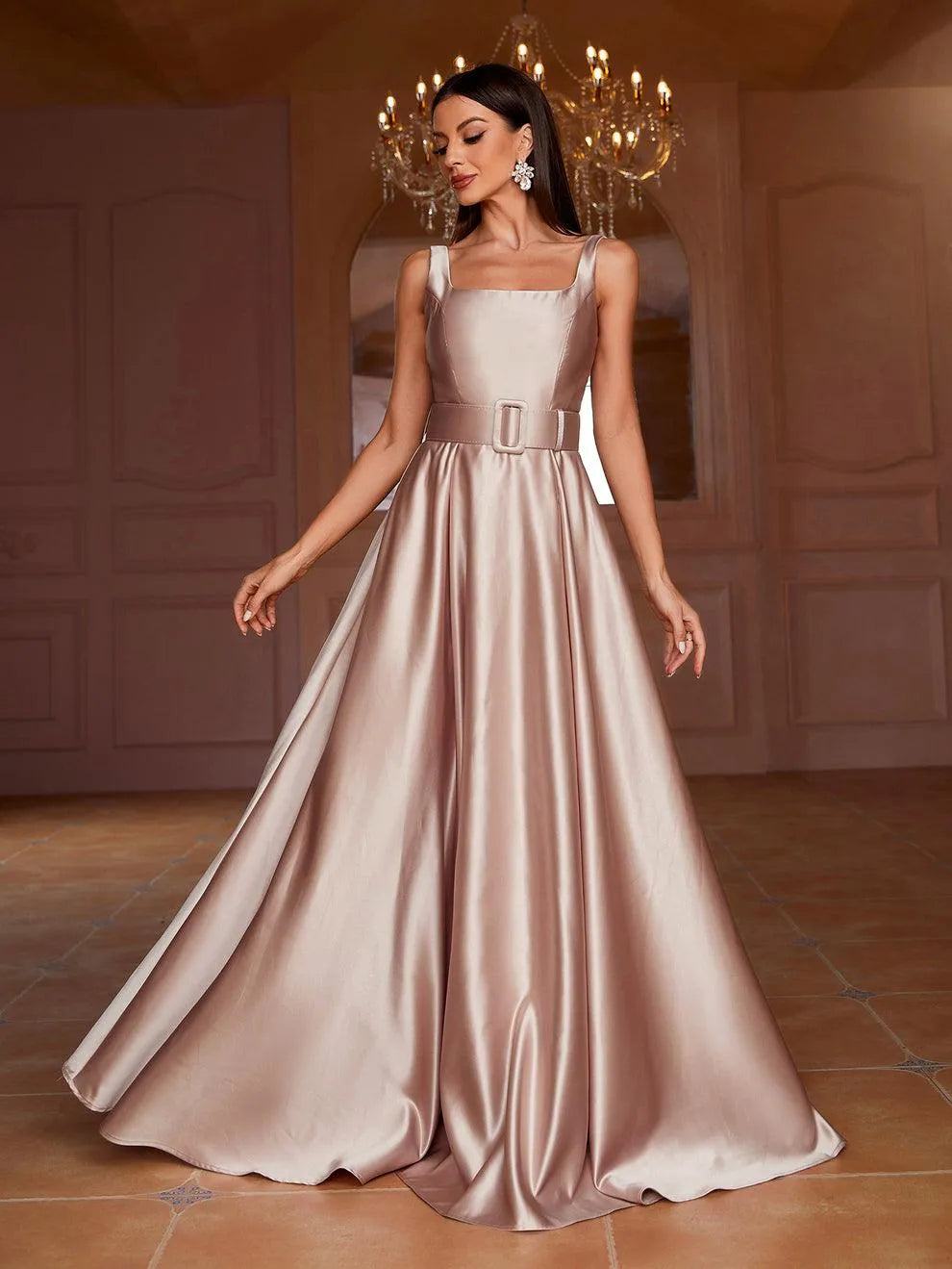 Square Collar Sleeveless Belt Satin Prom Dress - Elonnashop