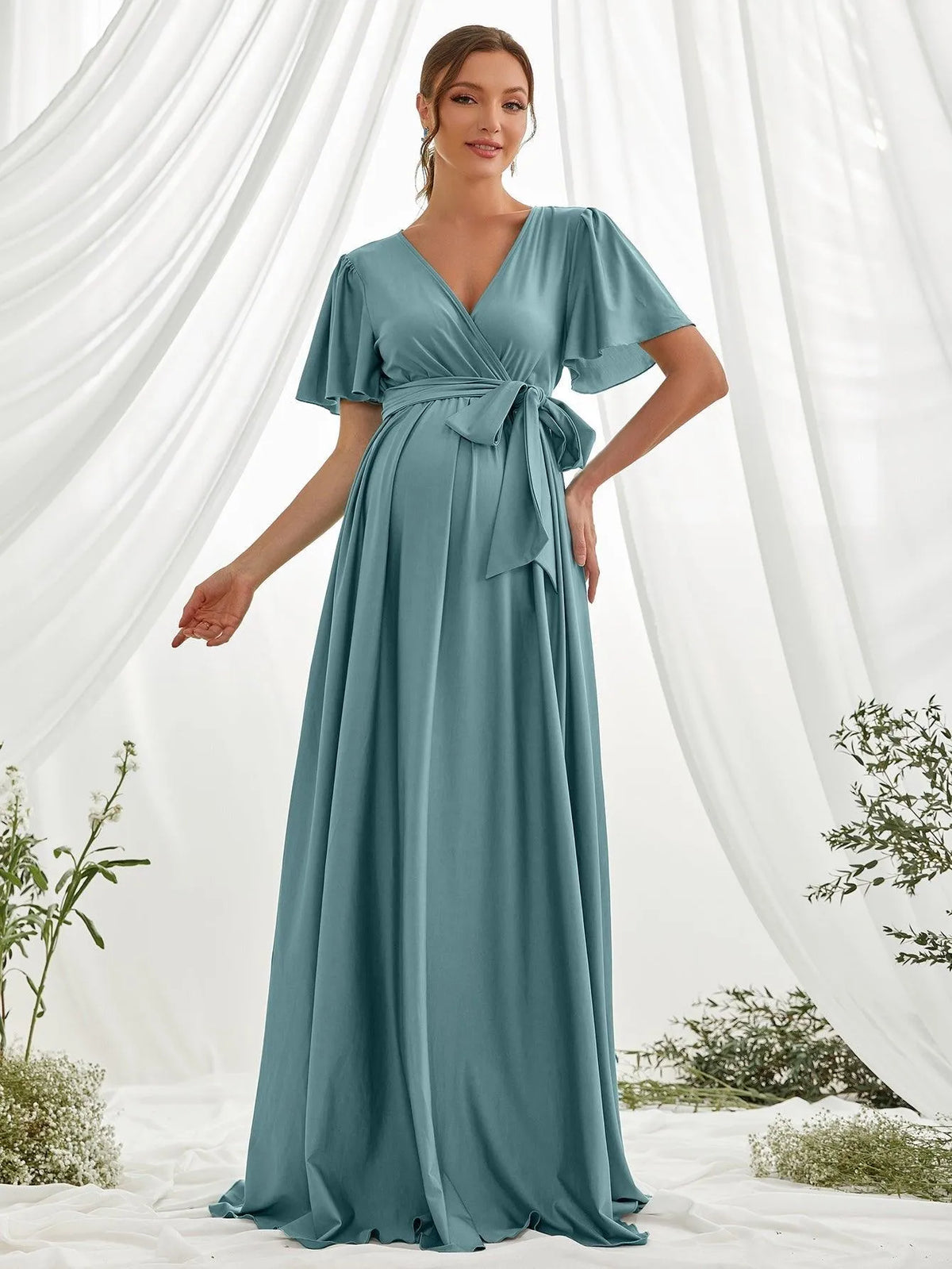 Maternity Surplice Neck Butterfly Sleeve Belted Dress - Elonnashop