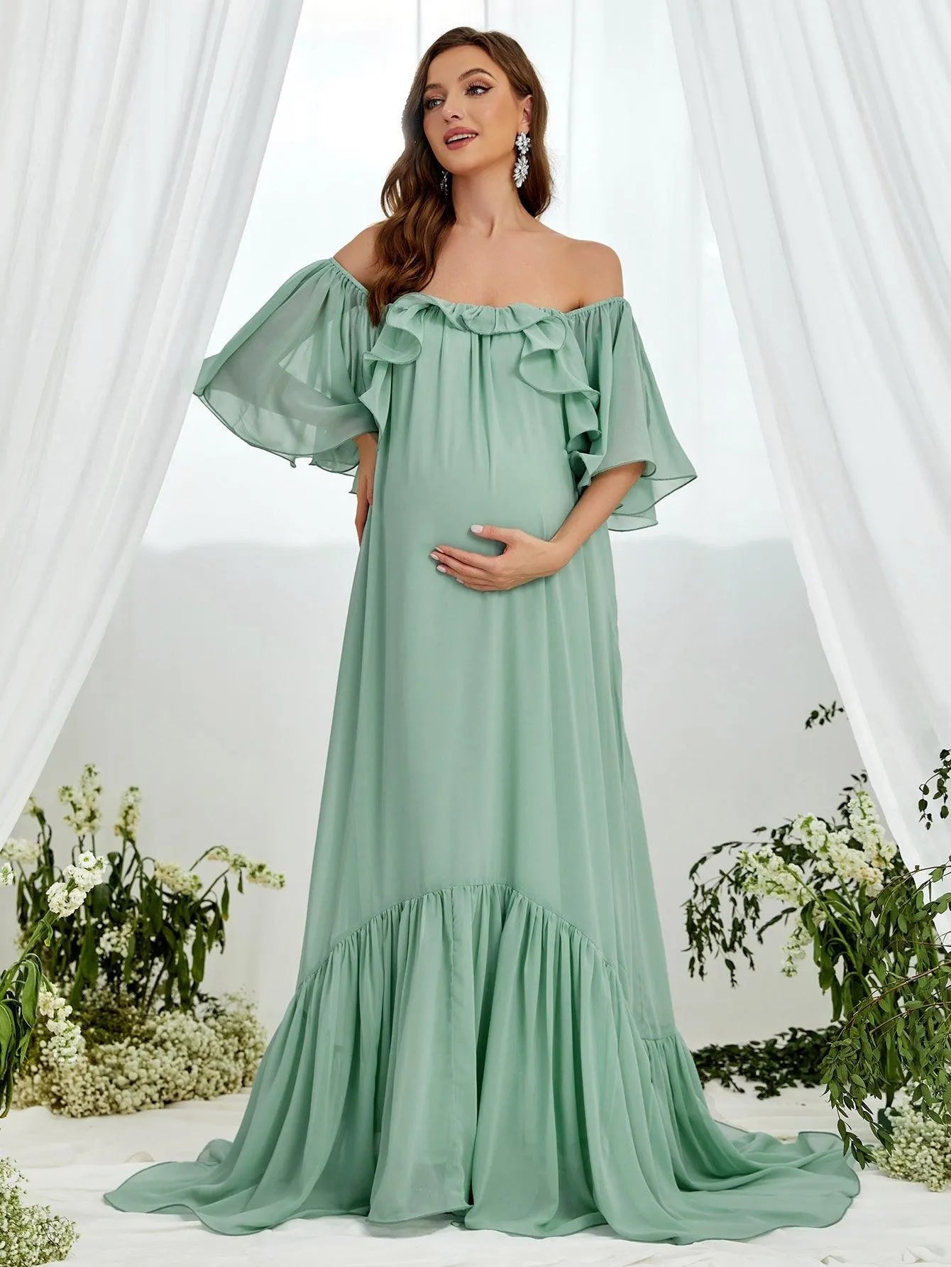 Maternity Off Shoulder Layered Ruffle Sleeves Chiffon Dress - Elonnashop