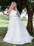 Satin Bodice Contrast Layered Tulle Hem Wedding Dress - Elonnashop