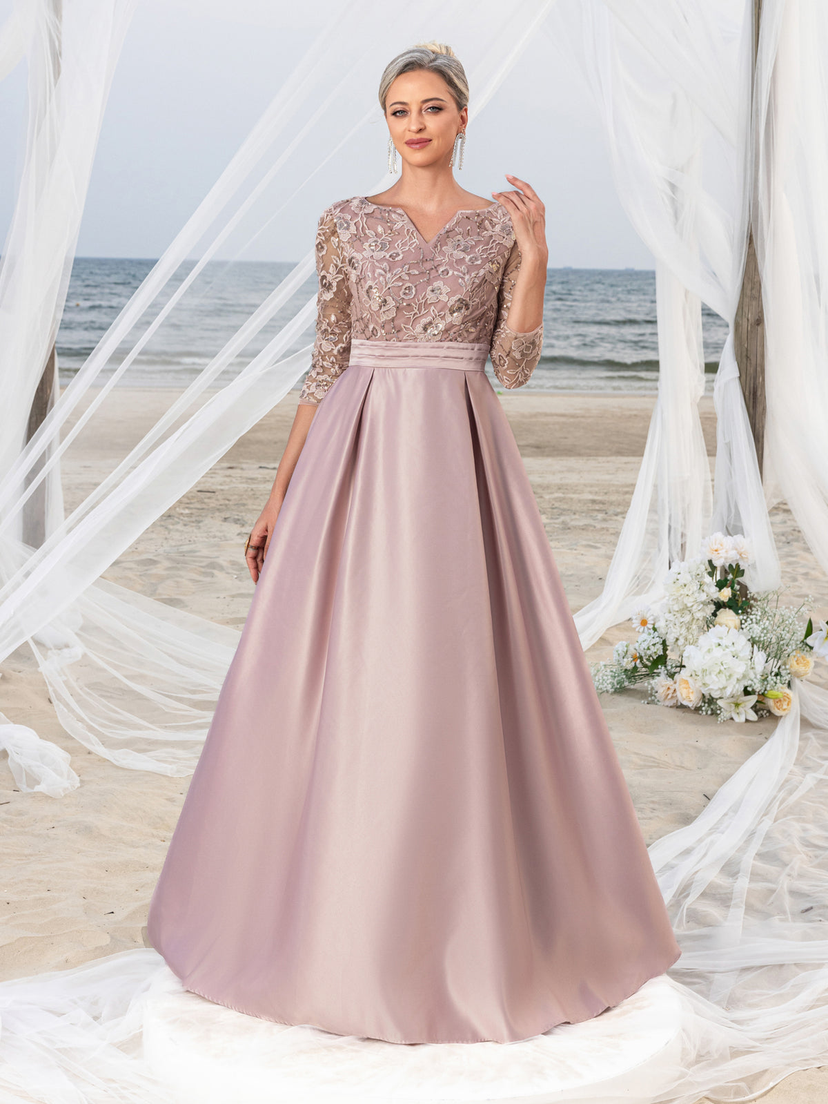 Womens' Glamorous Evening Gown: Allover Sequin-Embroidered Bodice & Satin A-Line Skirt – Elegant Formal Dress for Black-Tie Events