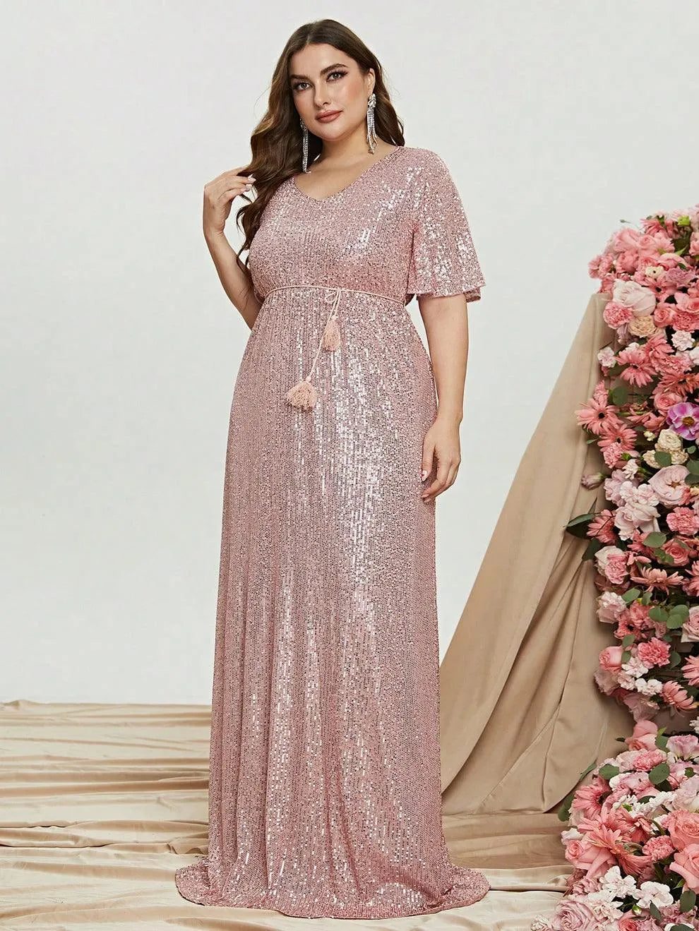 Plus Butterfly Sleeve Sequin Prom Dress - Elonnashop