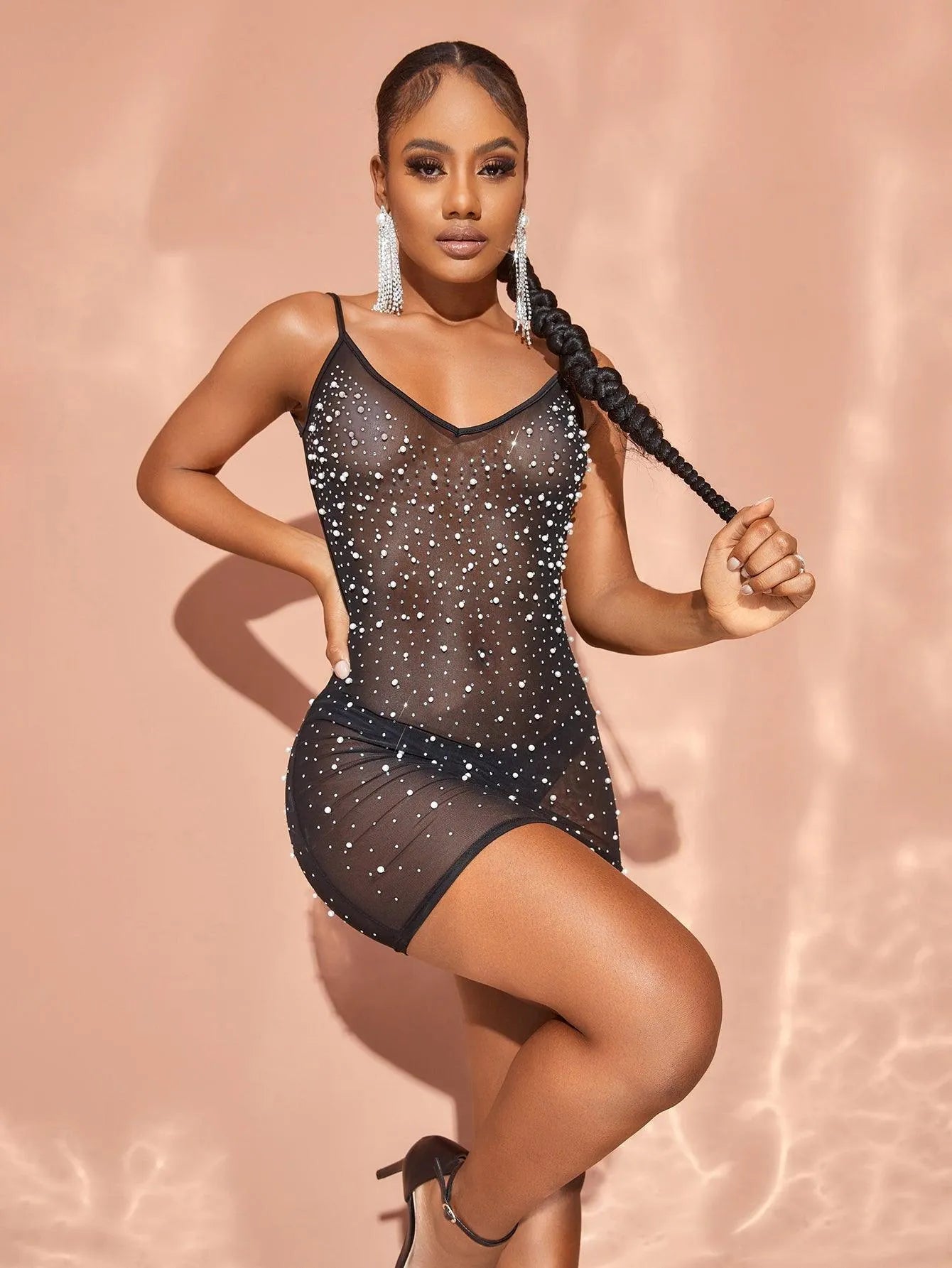 Chic Rhinestone Detail Backless Cami Mini Dress - Elonnashop