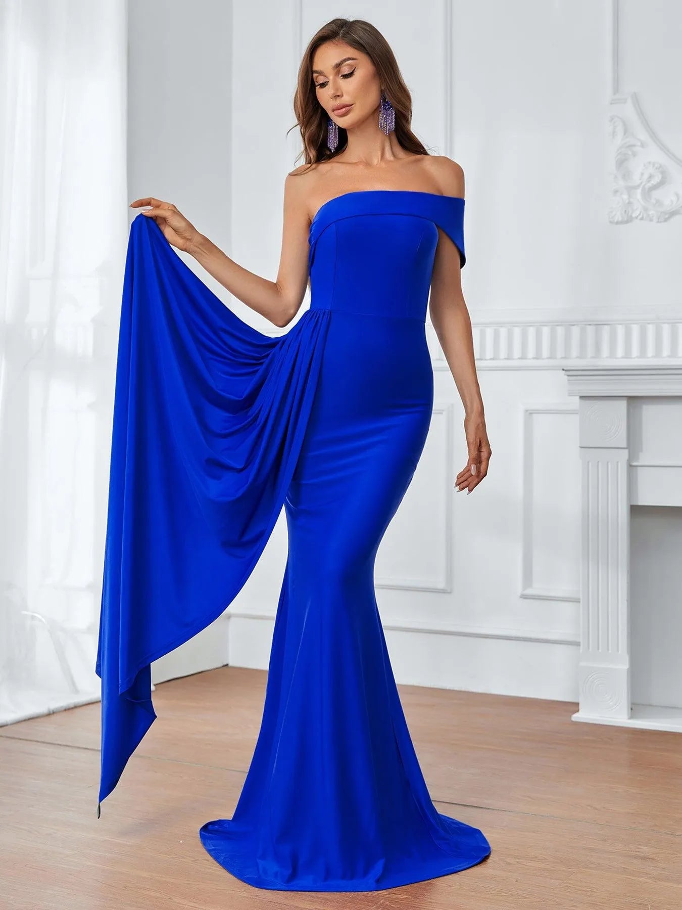 Off Shoulder Draped Side Mermaid Hem Formal Dress - Elonnashop