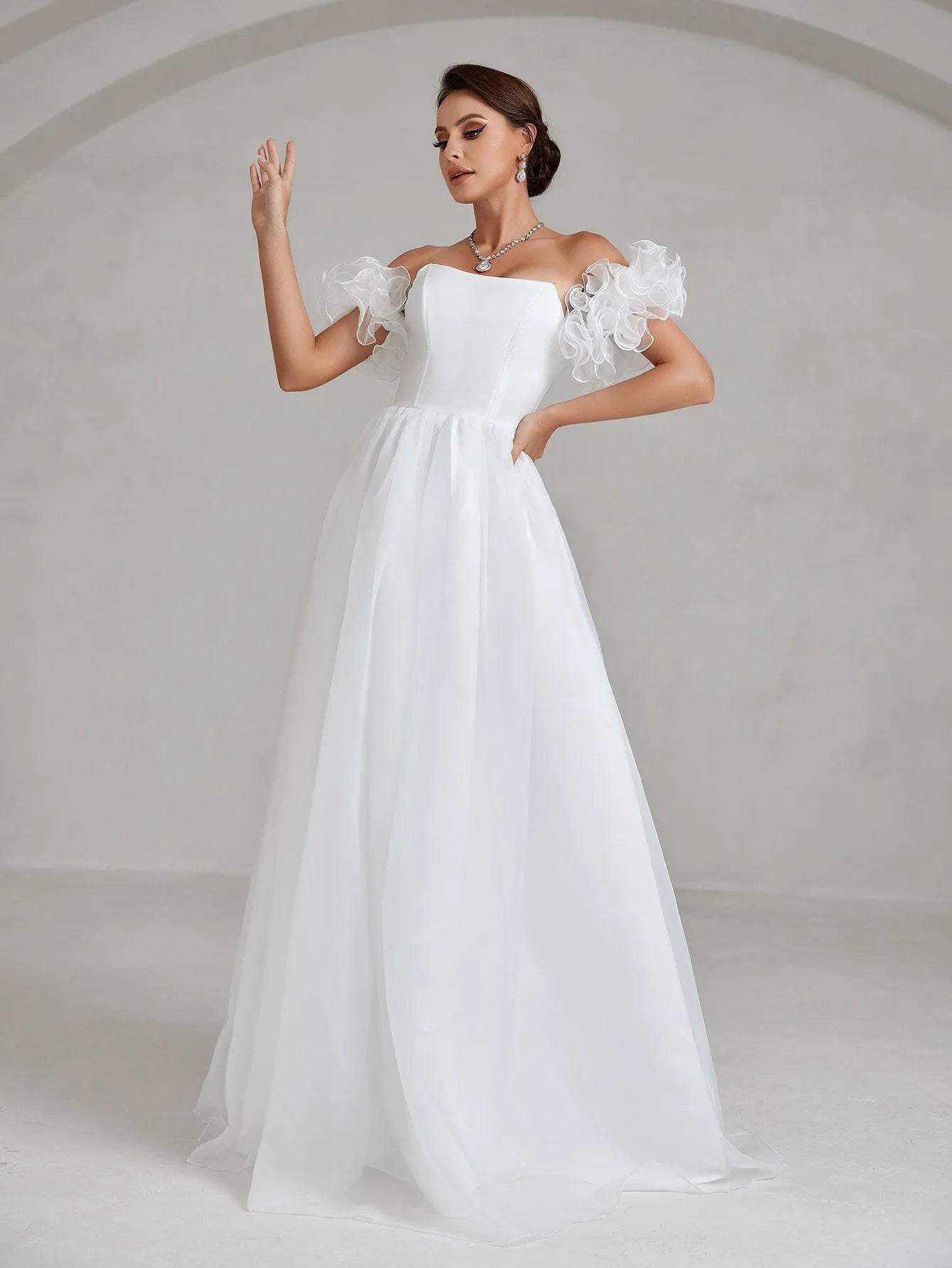 Ruffle Sleeve Organza Tube Wedding Dress - Elonnashop