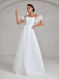 Ruffle Sleeve Organza Tube Wedding Dress - Elonnashop