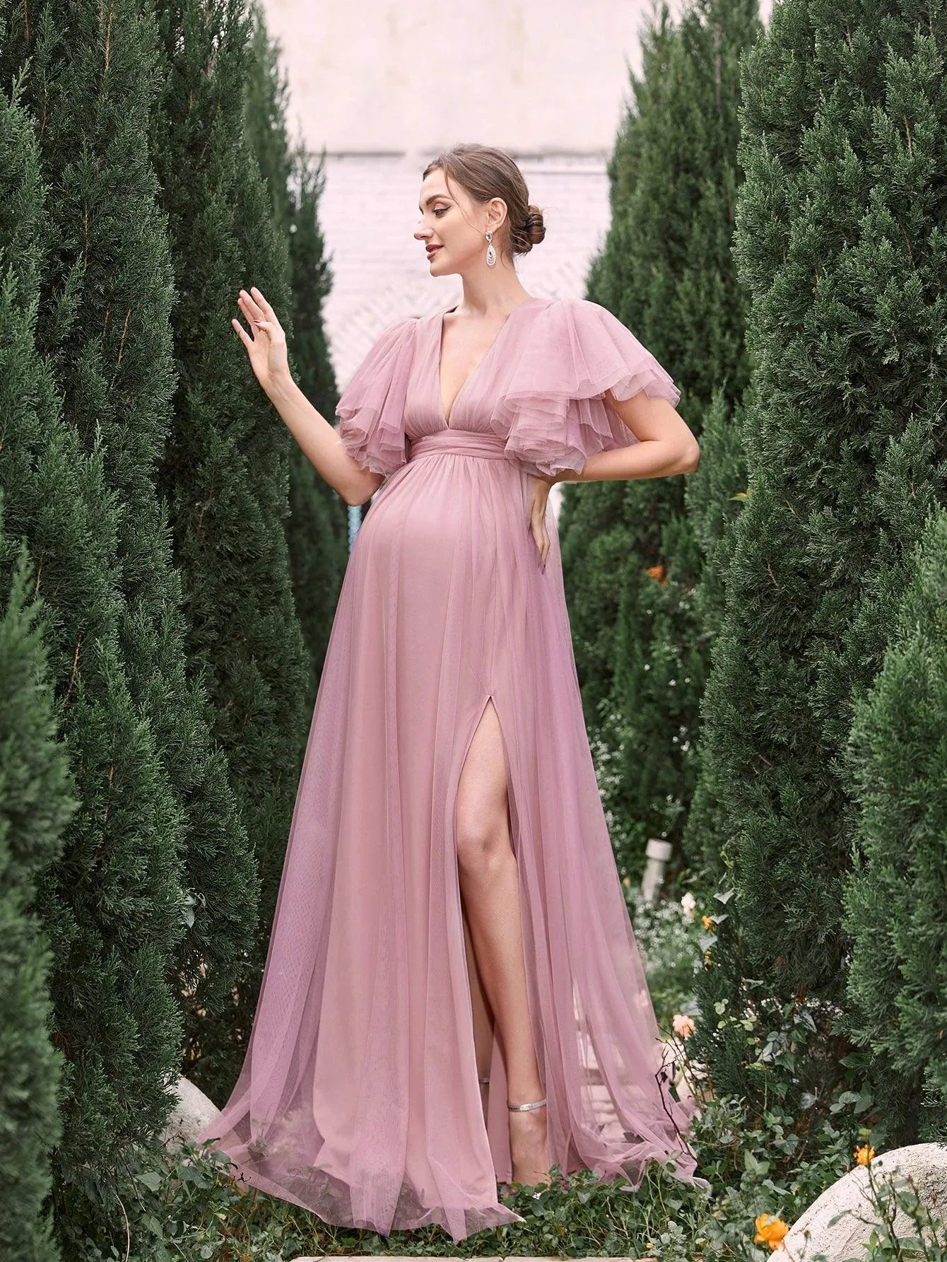 Maternity V Neck Layered Ruffle Sleeves Split Prom Dress - Elonnashop