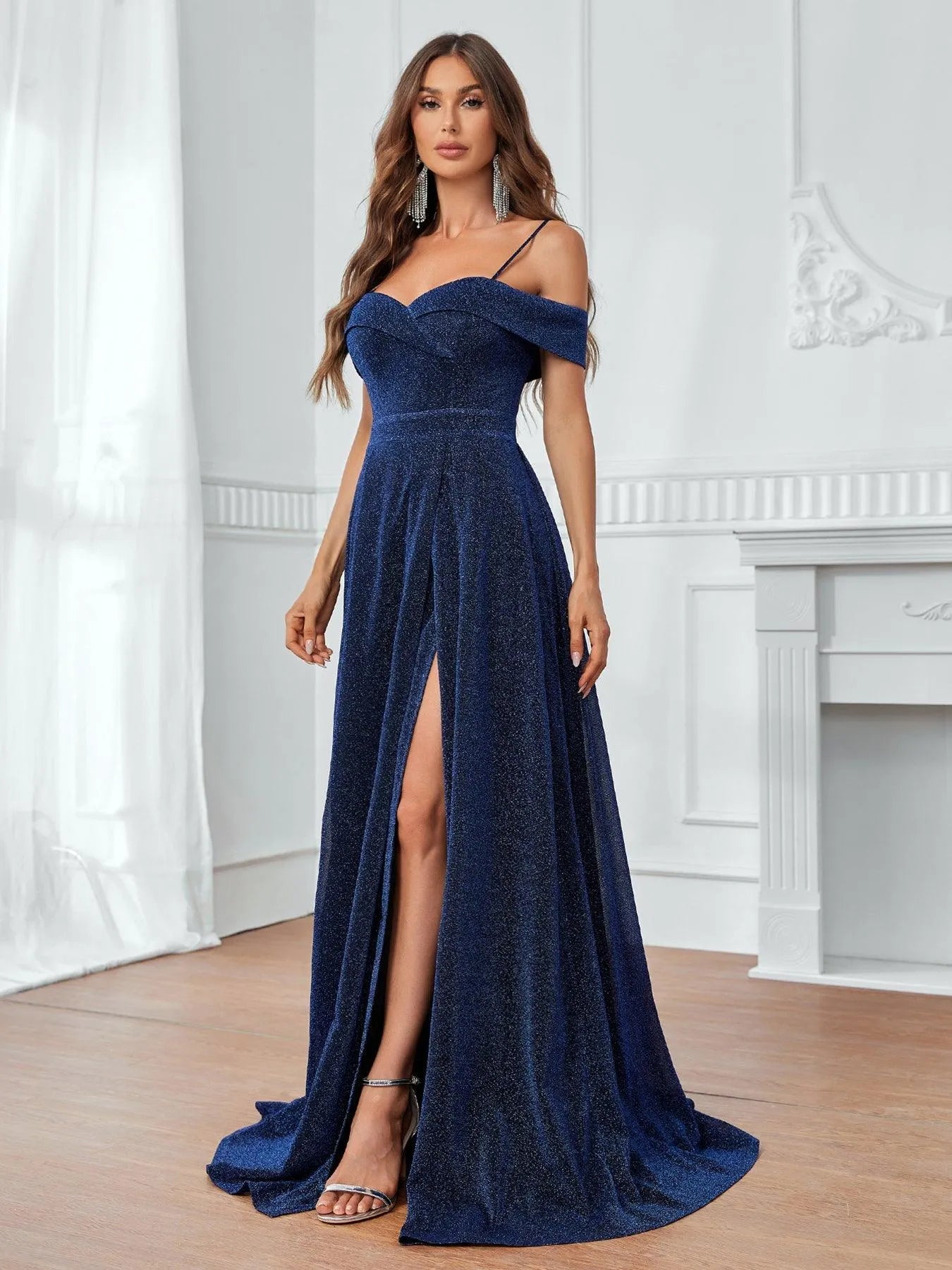 Elegant Cold Shoulder Split Thigh Glitter Formal Dress - Elonnashop