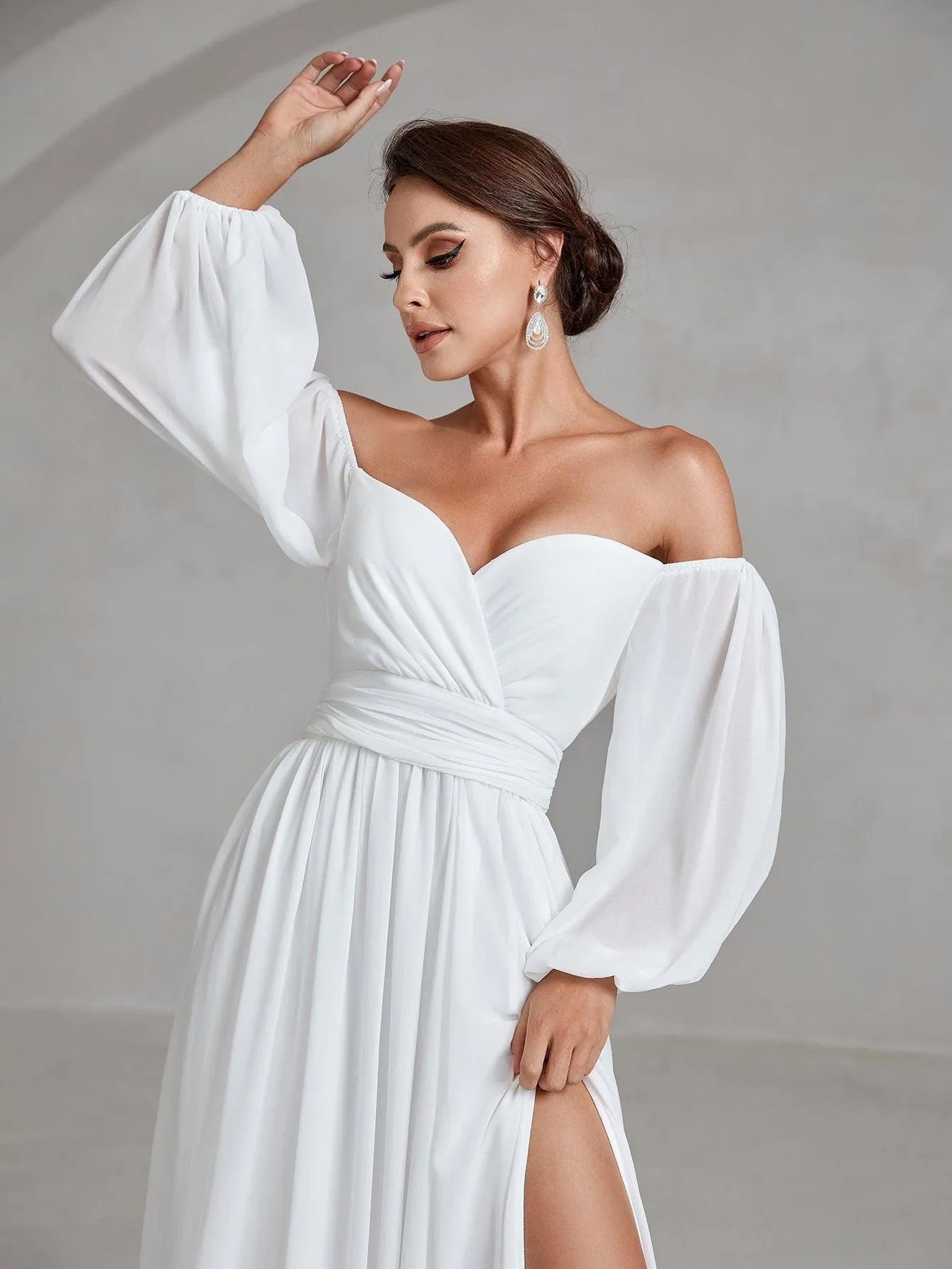 Off Shoulder Lantern Sleeves Chiffon Wedding Dress - Elonnashop