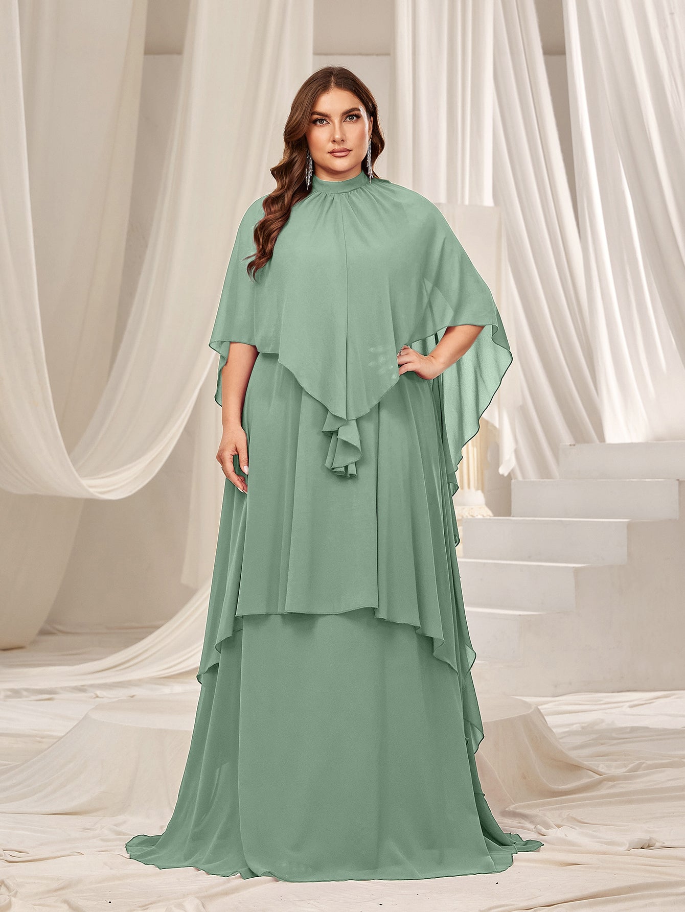 Plus Mock Neck Layered Hem Chiffon Evening Dress