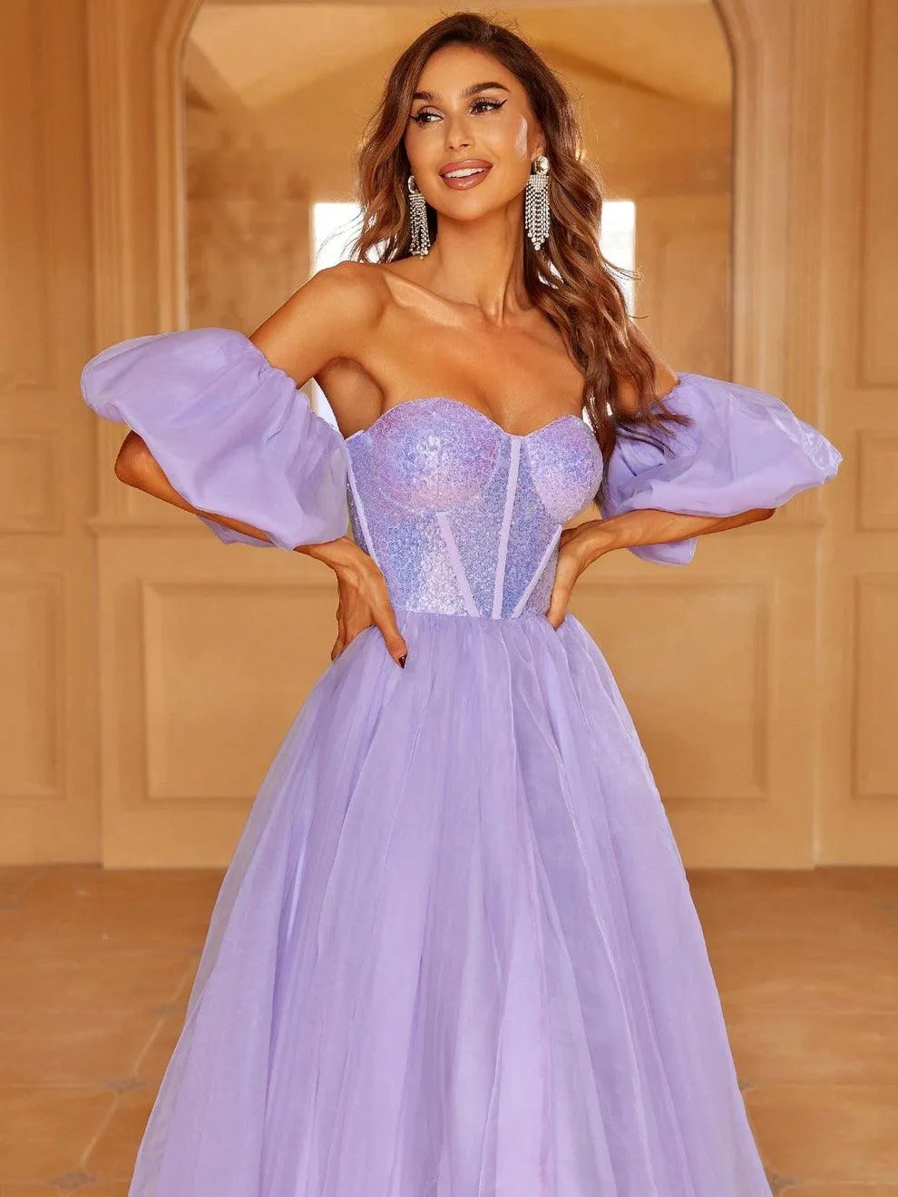 Sequin Bodice Puff Sleeves Tube Prom Dress - Elonnashop