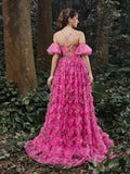 Floral Tulle Off Shoulder Puff Sleeves Slip Prom Dress - Elonnashop