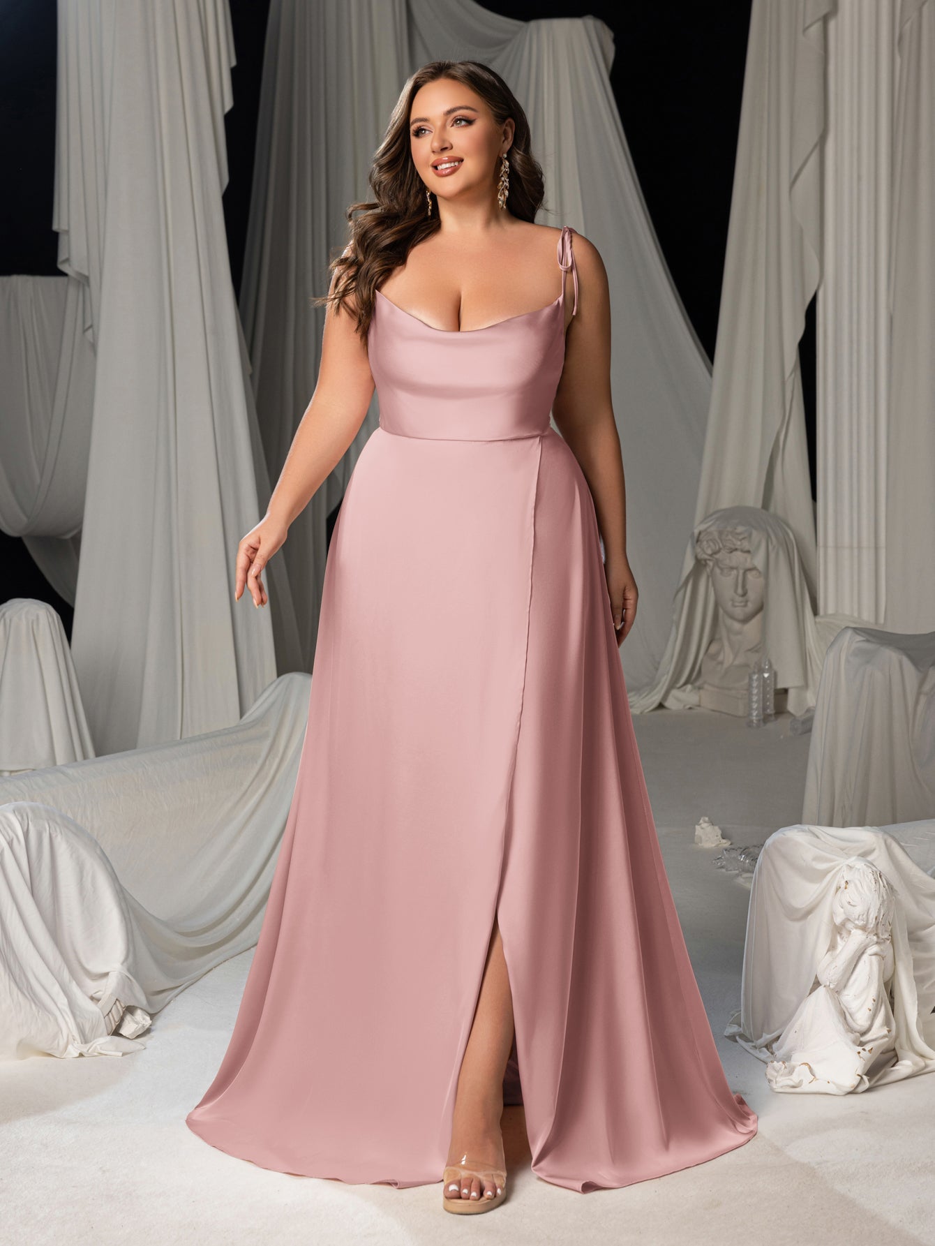 Plus Satin Spaghetti Straps Formal Evening Dress with High Slit
