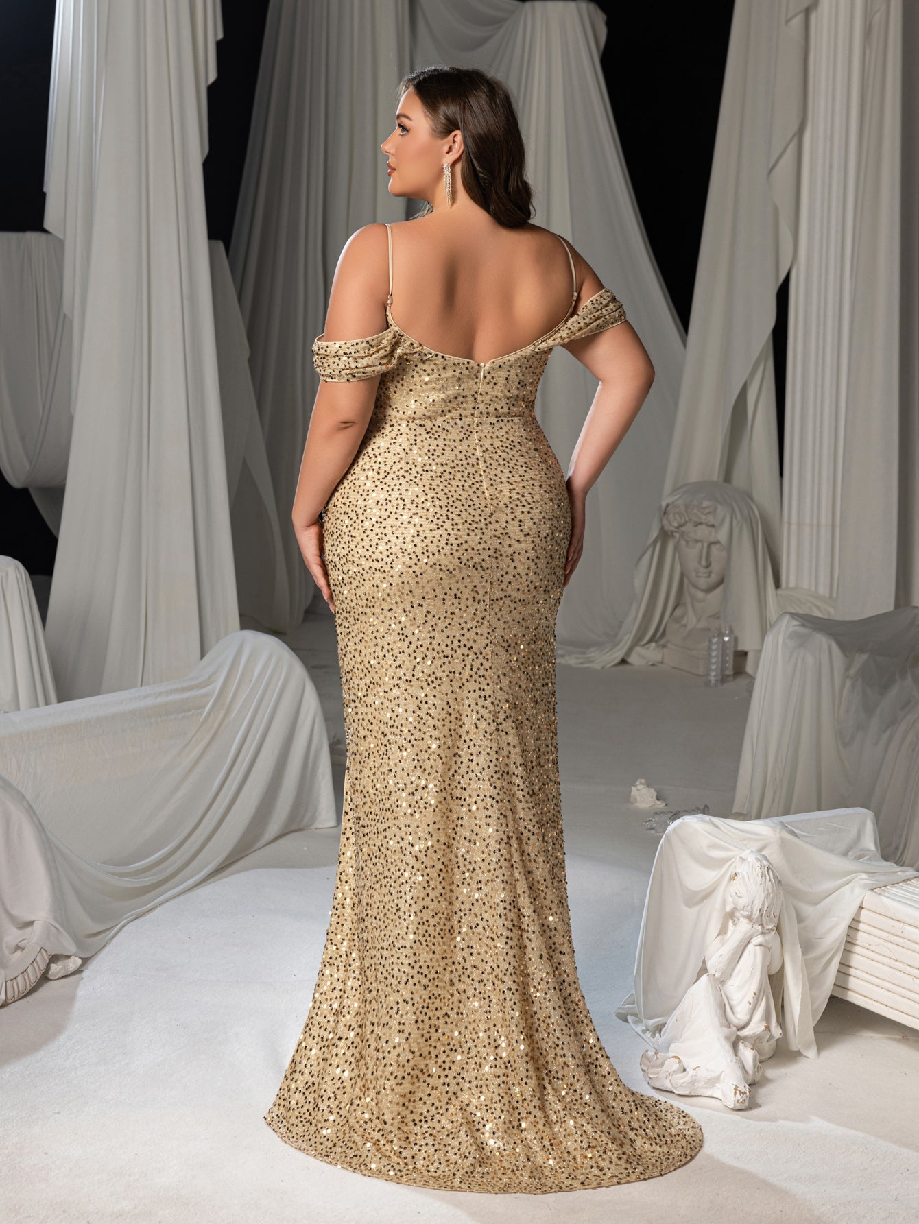 Plus Sparkling Sequin Spaghetti Strap Evening Gown | Sweetheart Neckline & High Thigh Slit