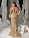 Plus Sparkling Sequin Spaghetti Strap Evening Gown | Sweetheart Neckline & High Thigh Slit