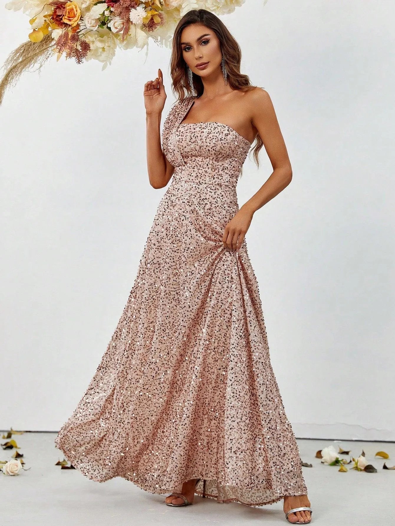 Elegant One Shoulder Sequin A Line Dresses - Elonnashop