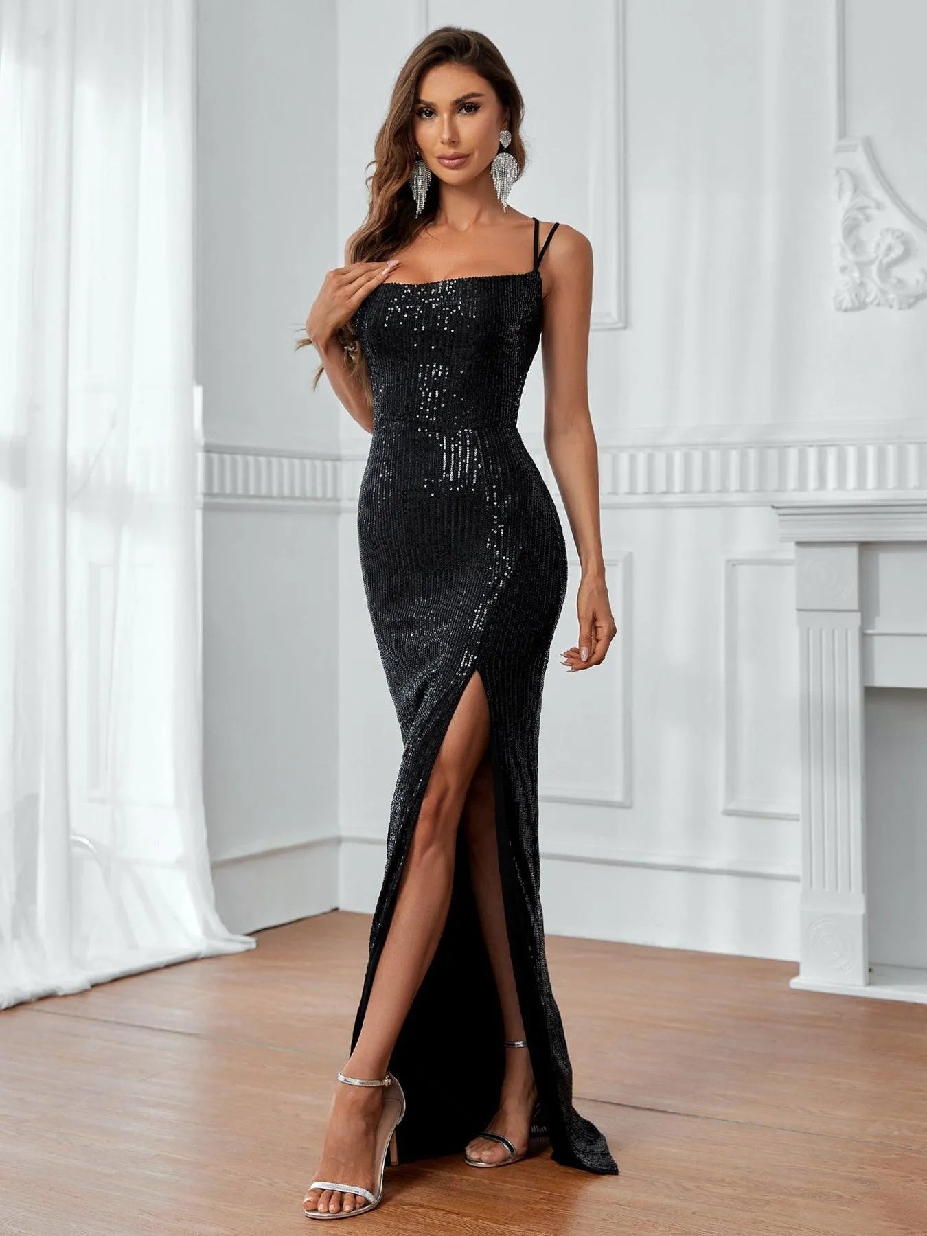 Elegant Backless Split Thigh Sequin Cami Party Dress - Elonnashop