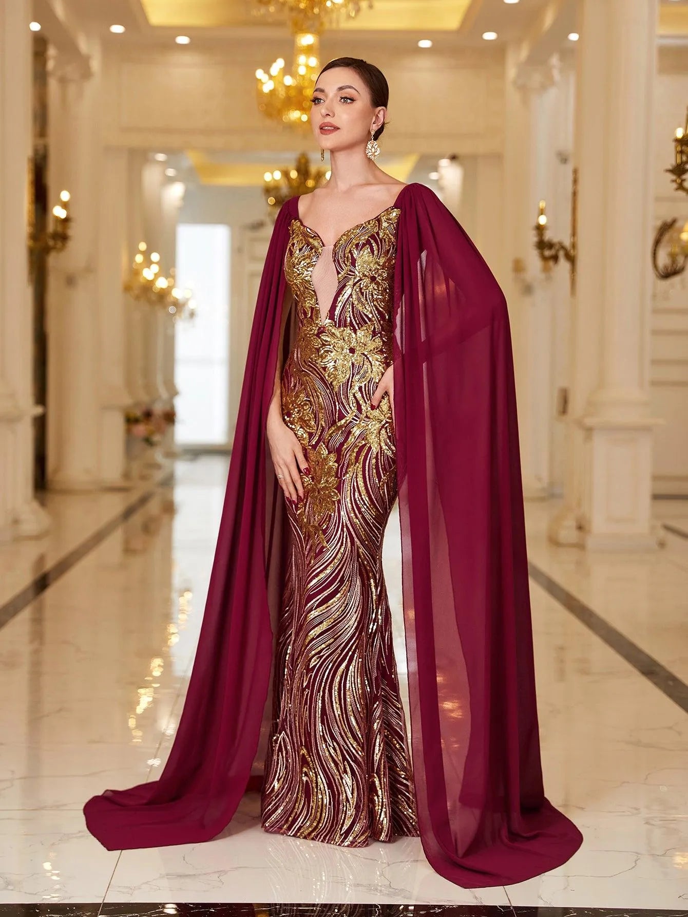 Regal Burgundy Sequin-Embellished Gown - Elonnashop