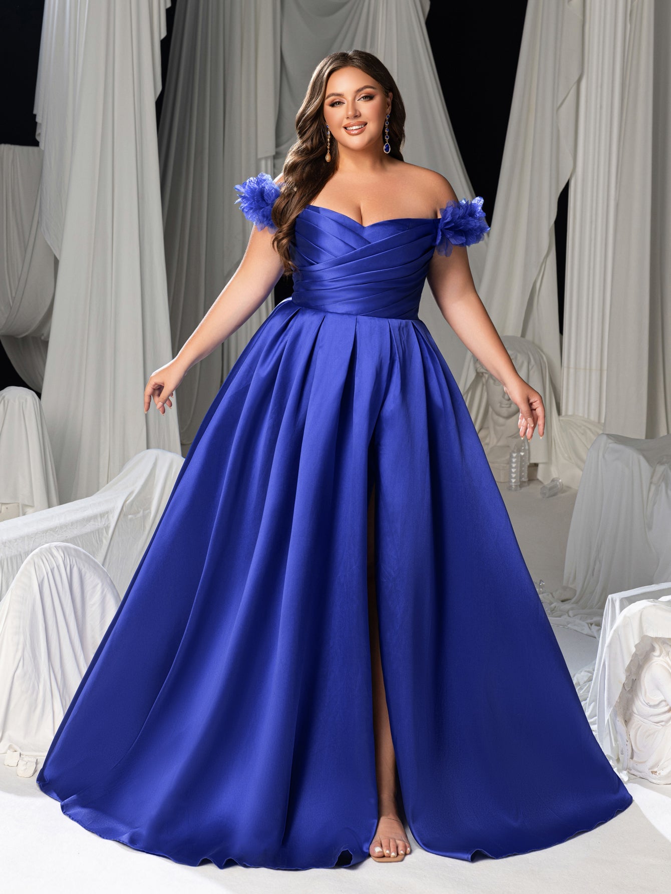 Plus Off-Shoulder Evening Gown with 3D Floral Appliqué | High Thigh Slit & Laced Back